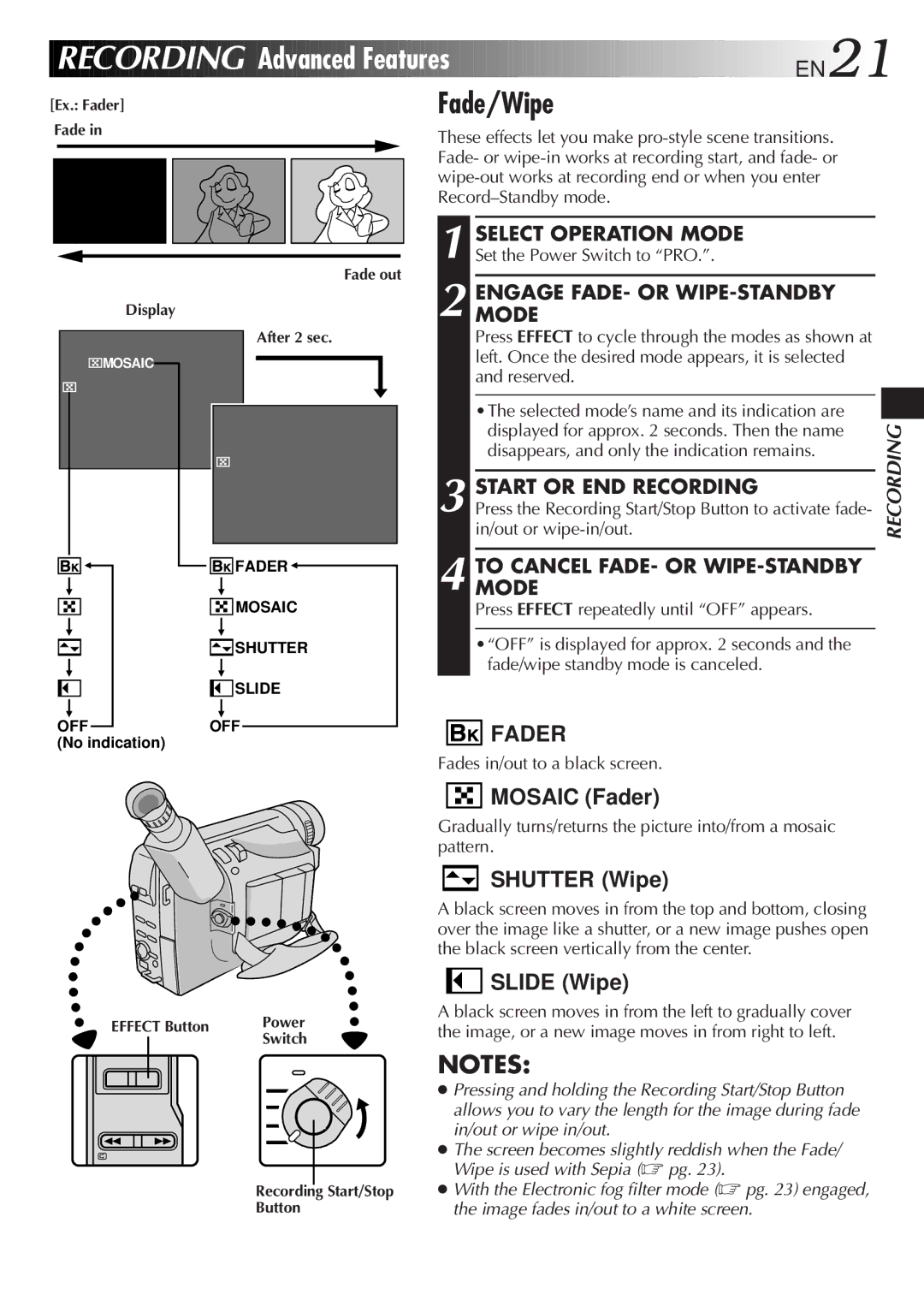 JVC GR-AX640 manual Recording Advanced Features EN21, Fade/Wipe, Modeengage FADE- or WIPE-STANDBY, Start or END Recording 