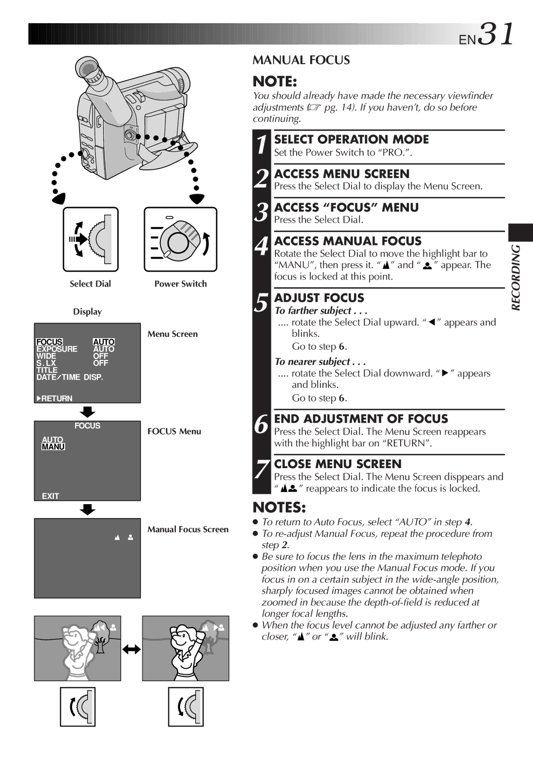 JVC GR-AX640 manual Access Focus Menu, Access Manual Focus, Adjust Focus, END Adjustment of Focus 