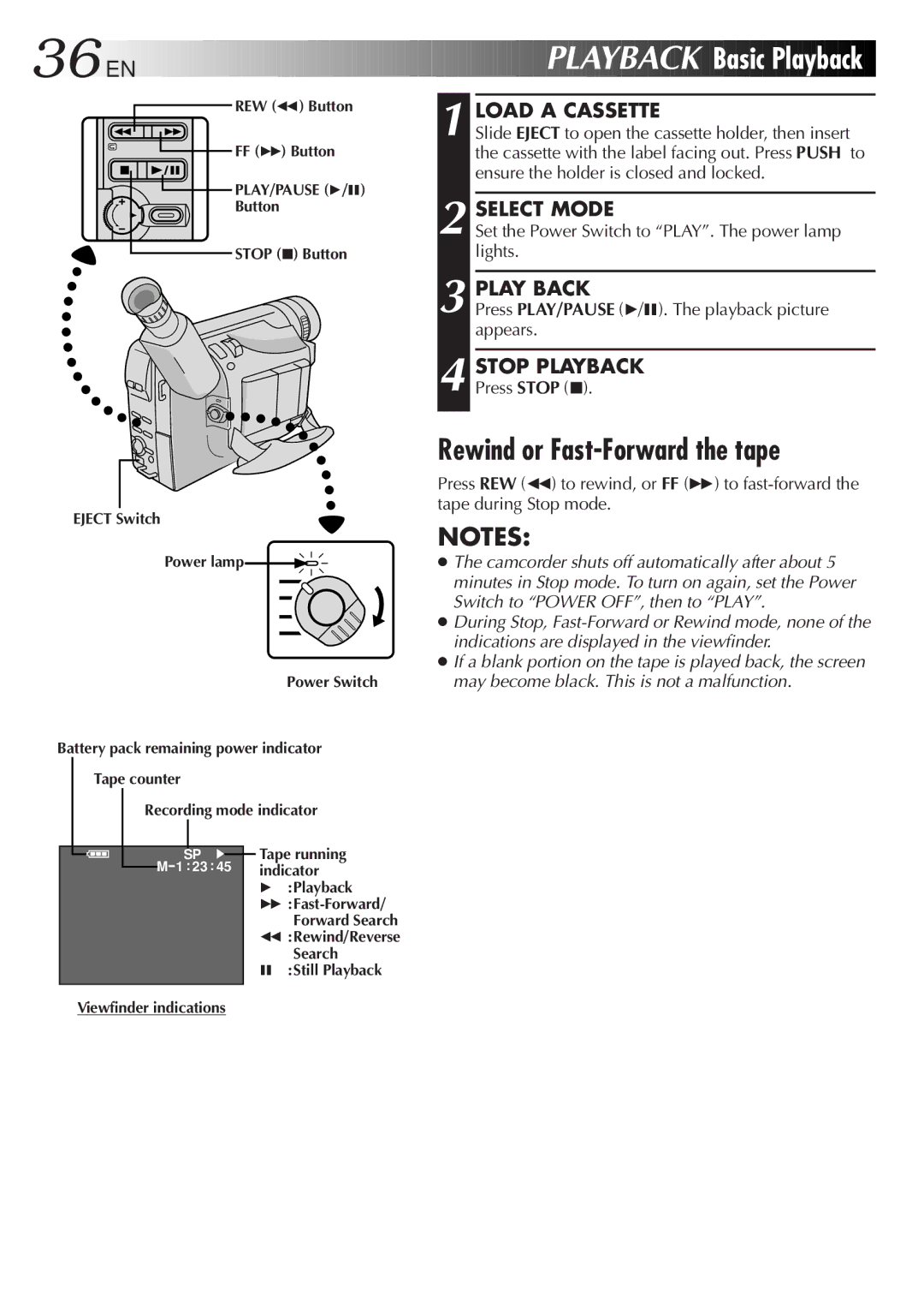 JVC GR-AX640 manual Playback Basic Playback, Rewind or Fast-Forward the tape, Play Back, Stop Playback 