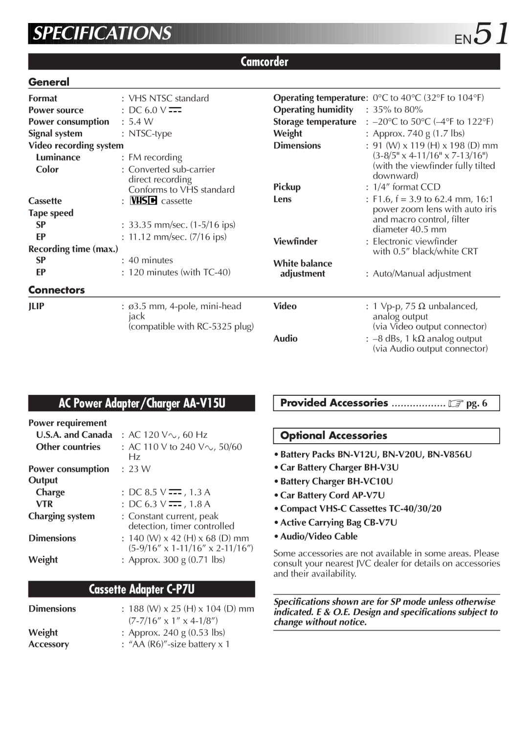 JVC GR-AX640 manual General, Connectors, Provided Accessories Optional Accessories 