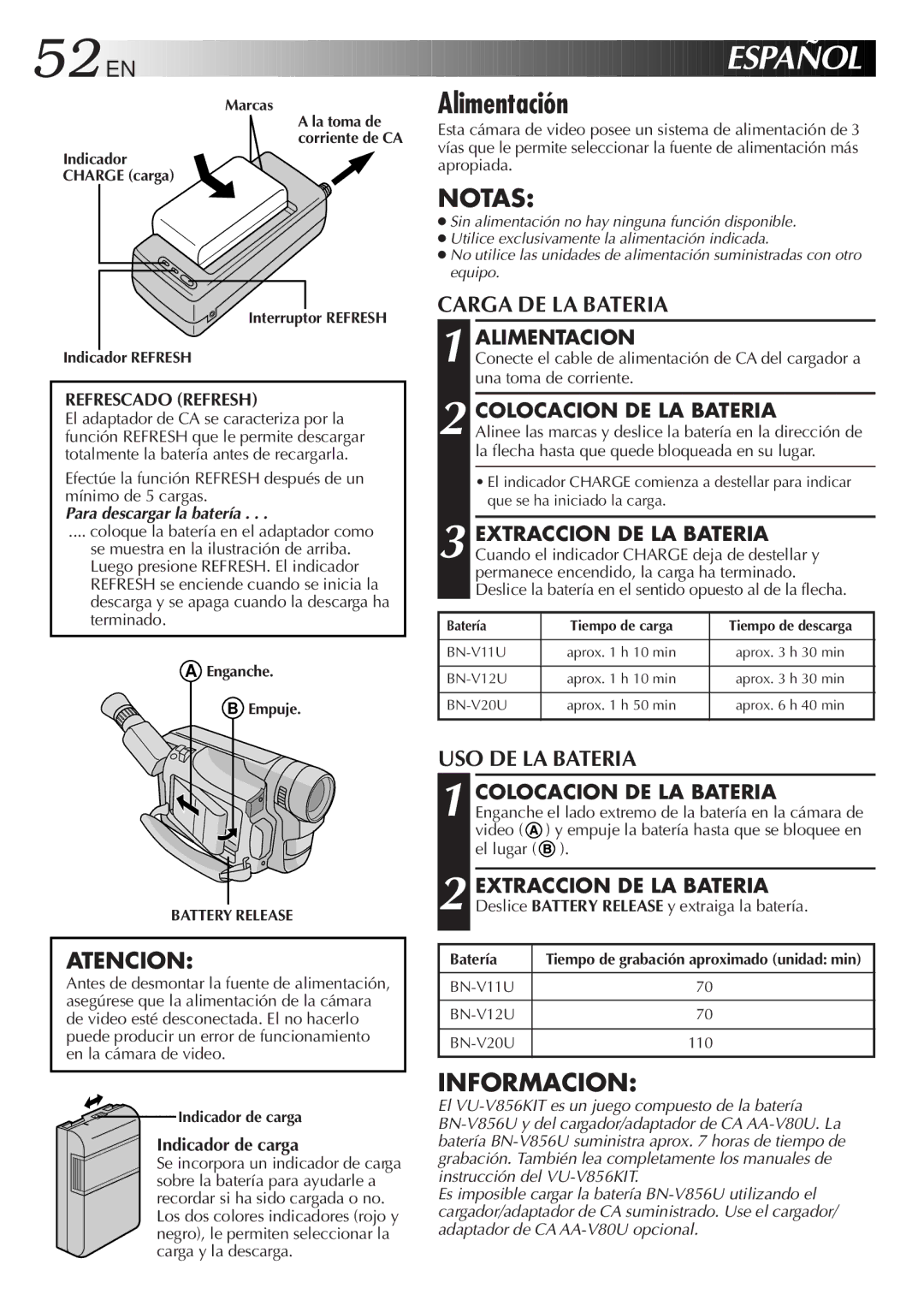 JVC GR-AX640 manual Alimentación, Alimentacion, Colocacion DE LA Bateria, Indicador de carga 