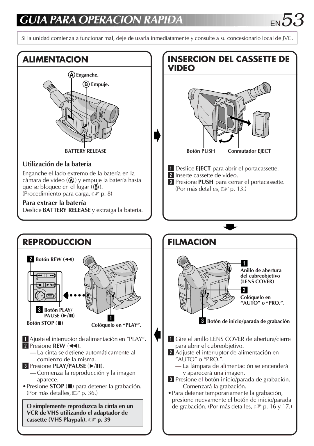 JVC GR-AX640 manual Utilización de la batería, Para extraer la batería, Deslice Battery Release y extraiga la batería 