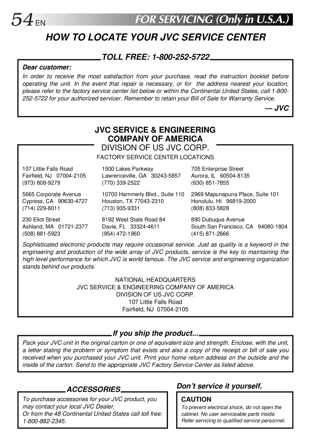 JVC GR-AX640 manual EN for Servicing Only in U.S.A 