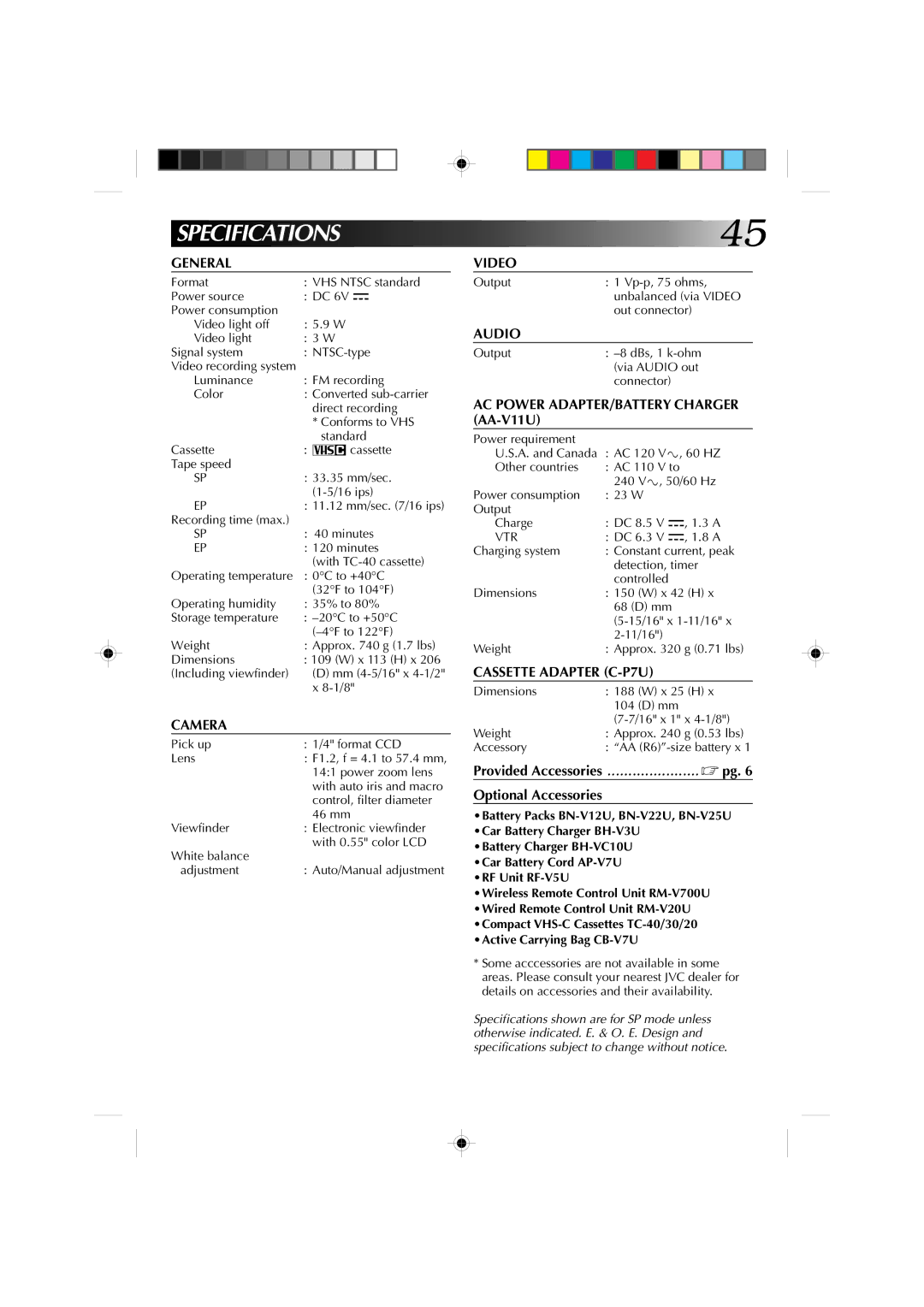 JVC GR-AX655 manual Specifications 