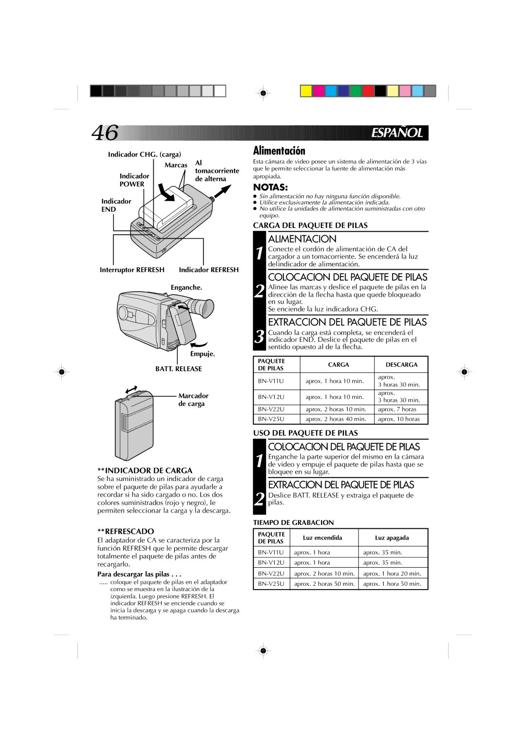 JVC GR-AX655 manual Alimentación, End, Tiempo DE Grabacion 