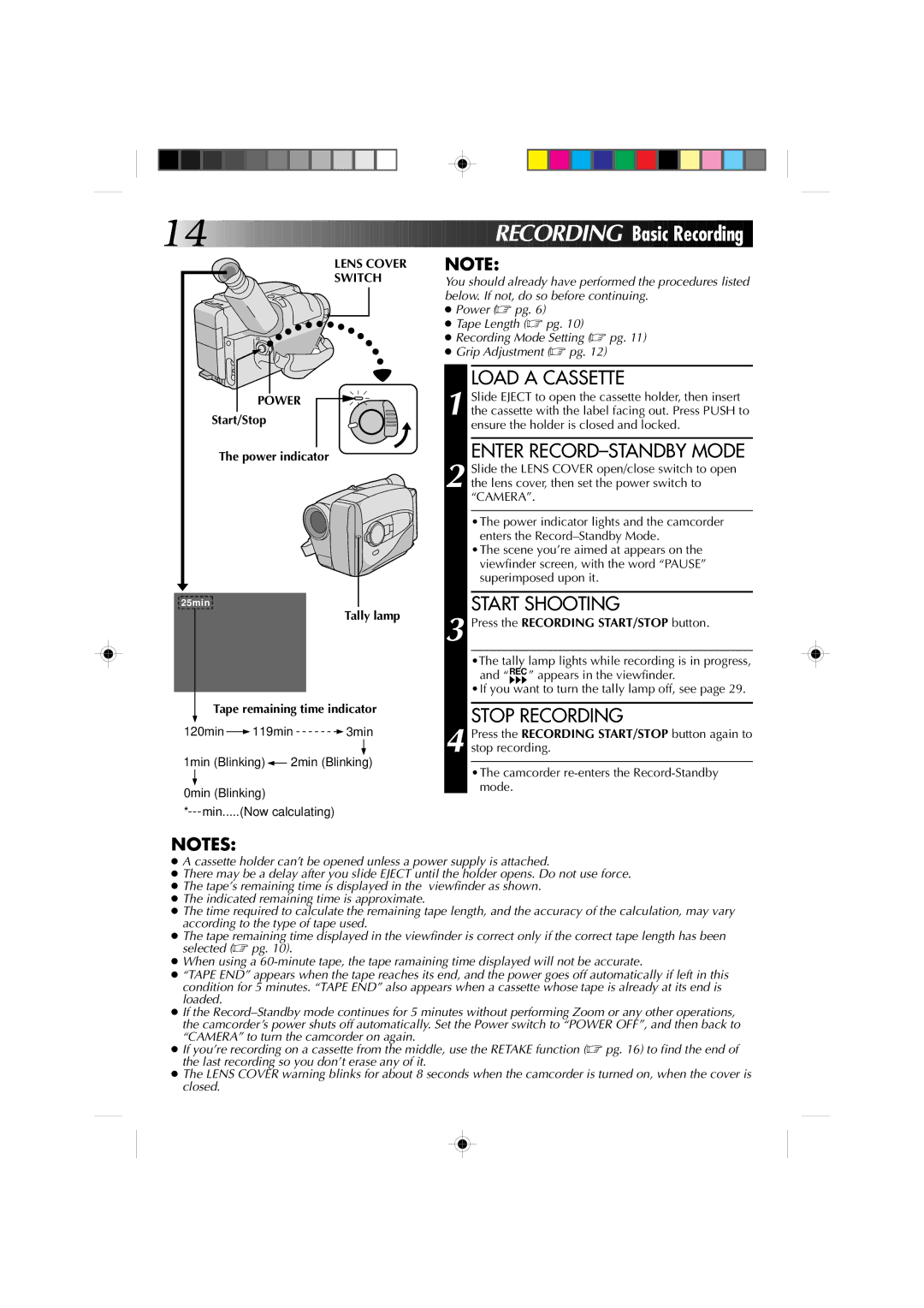 JVC GR-AX660 Cording Basic Recording, Load a Cassette, Enter RECORD-STANDBY Mode, Start Shooting, Stop Recording 