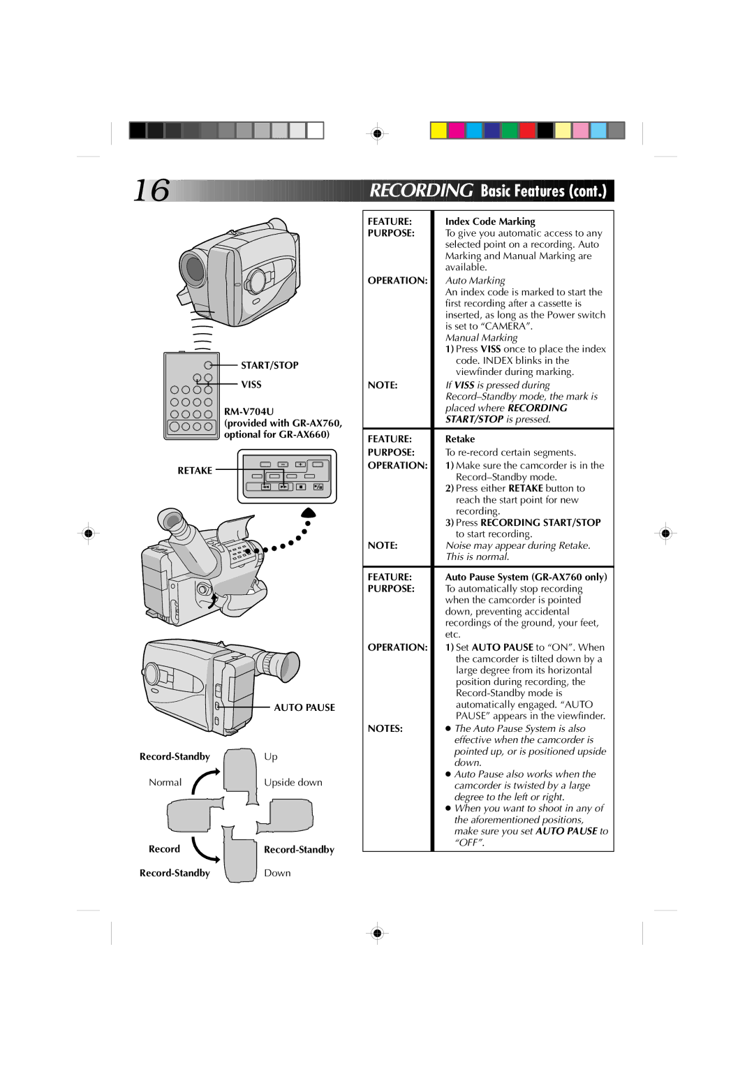 JVC GR-AX660 specifications START/STOP Viss, Retake Auto Pause 