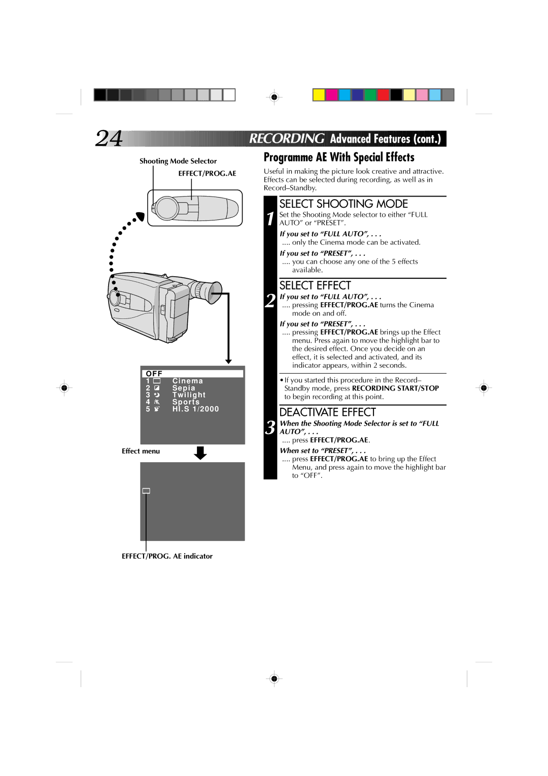 JVC GR-AX660 specifications Programme AE With Special Effects, Select Effect, Deactivate Effect, Effect/Prog.Ae Off 