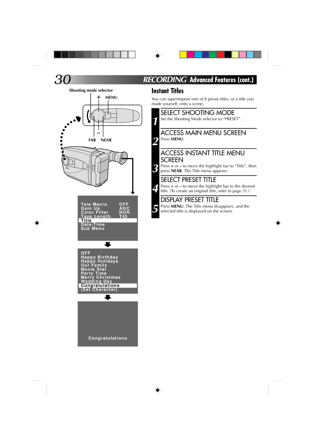 JVC GR-AX660 specifications Instant Titles, Access Instant Title Menu Screen, Select Preset Title, Display Preset Title 