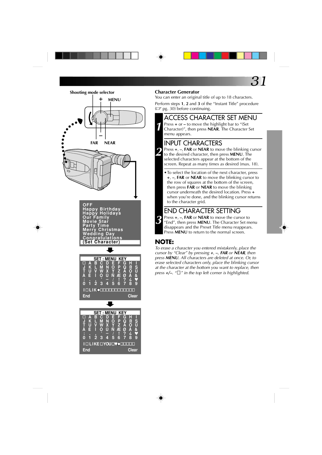 JVC GR-AX660 specifications Access Character SET Menu, Input Characters, END Character Setting, + Menu FAR Near 