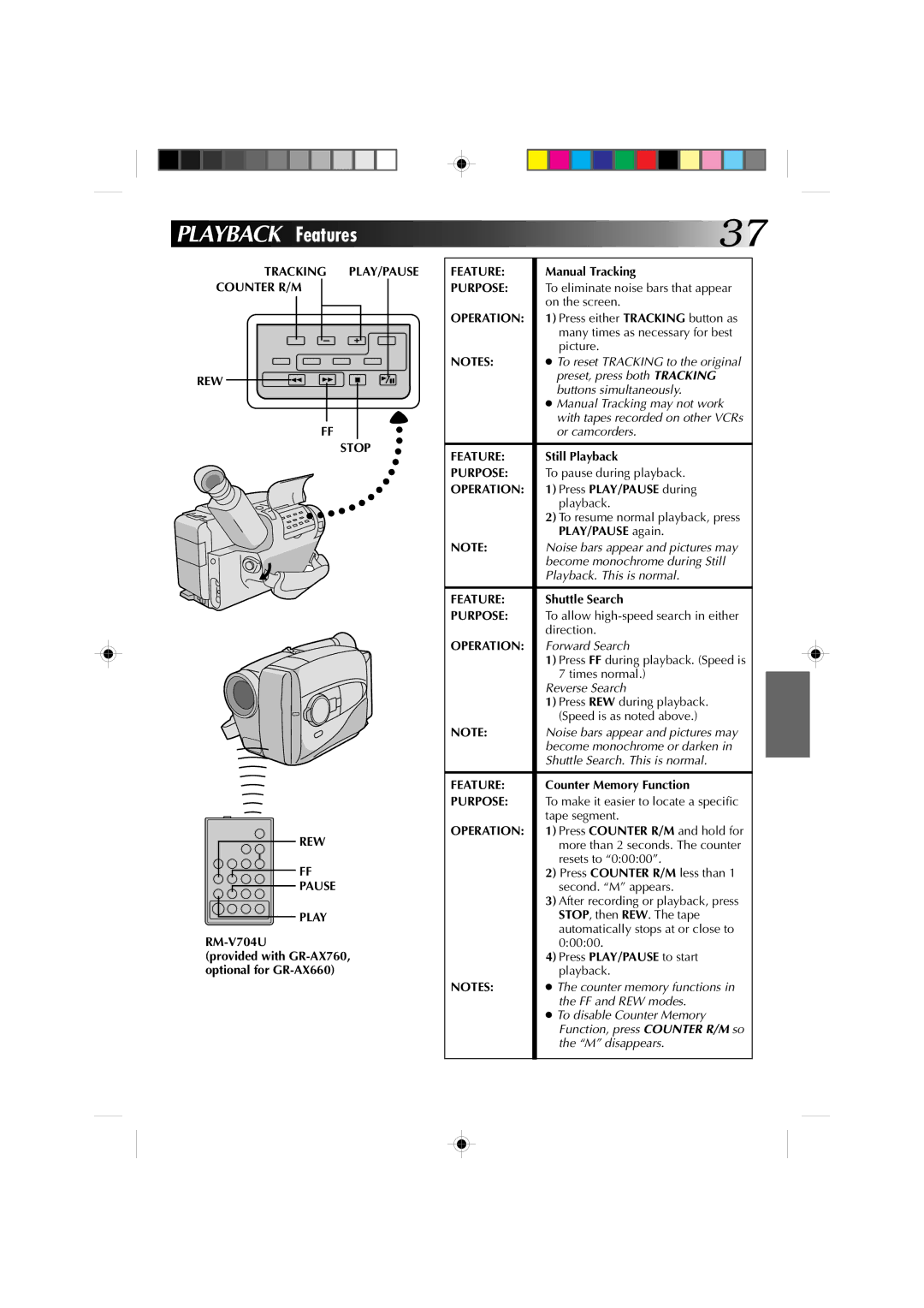 JVC GR-AX660 specifications Playback Features, Tracking PLAY/PAUSE Counter R/M REW Stop Pause Play 