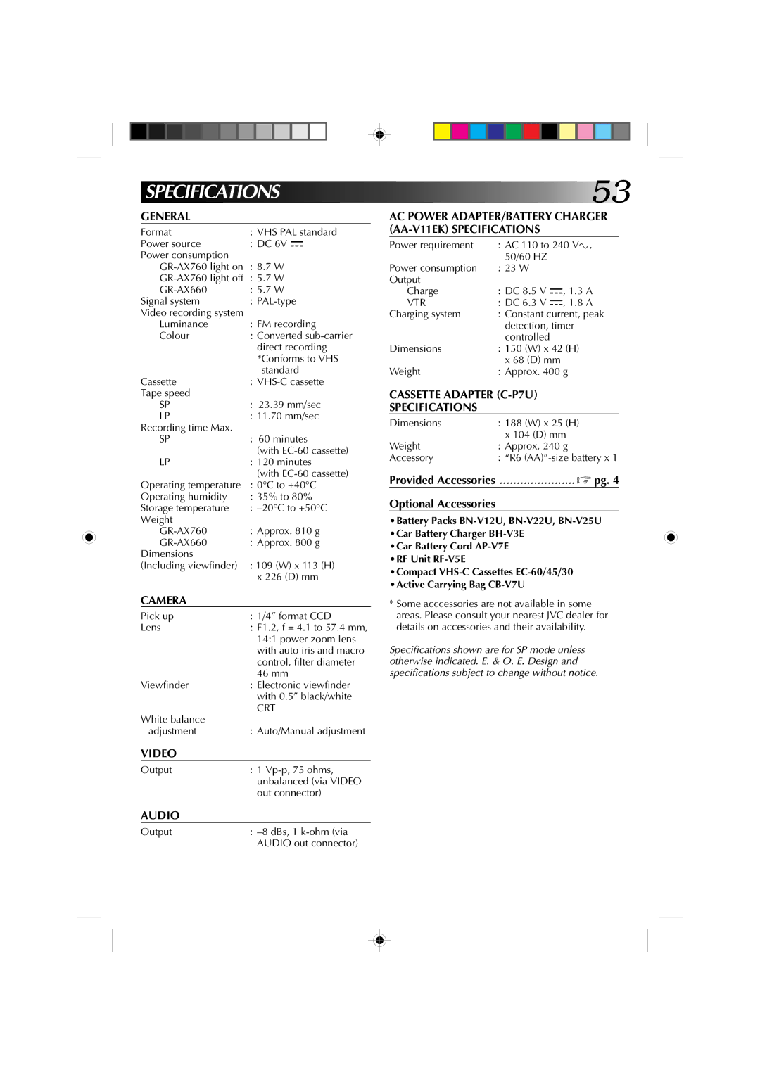 JVC GR-AX660 specifications Specifications 