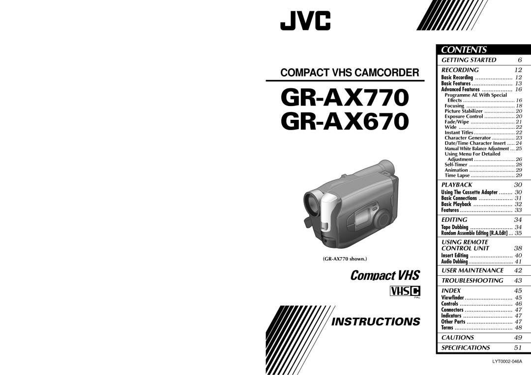 JVC specifications GR-AX770 GR-AX670 