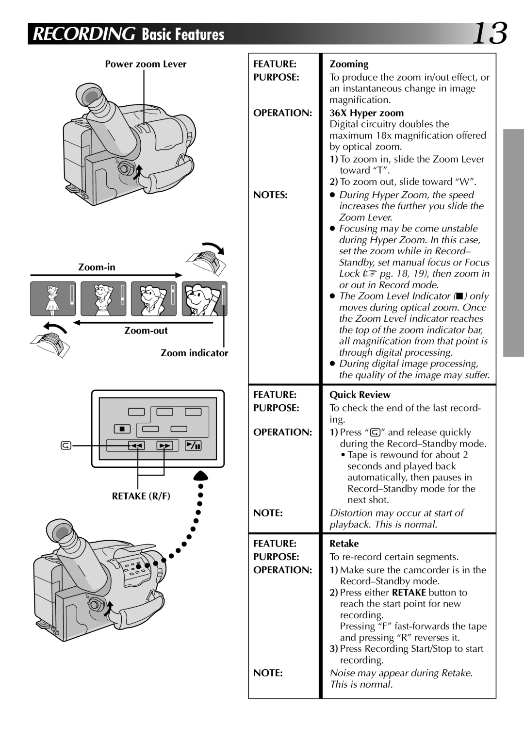 JVC GR-AX670 specifications Retake R/F Feature, Purpose, Operation 