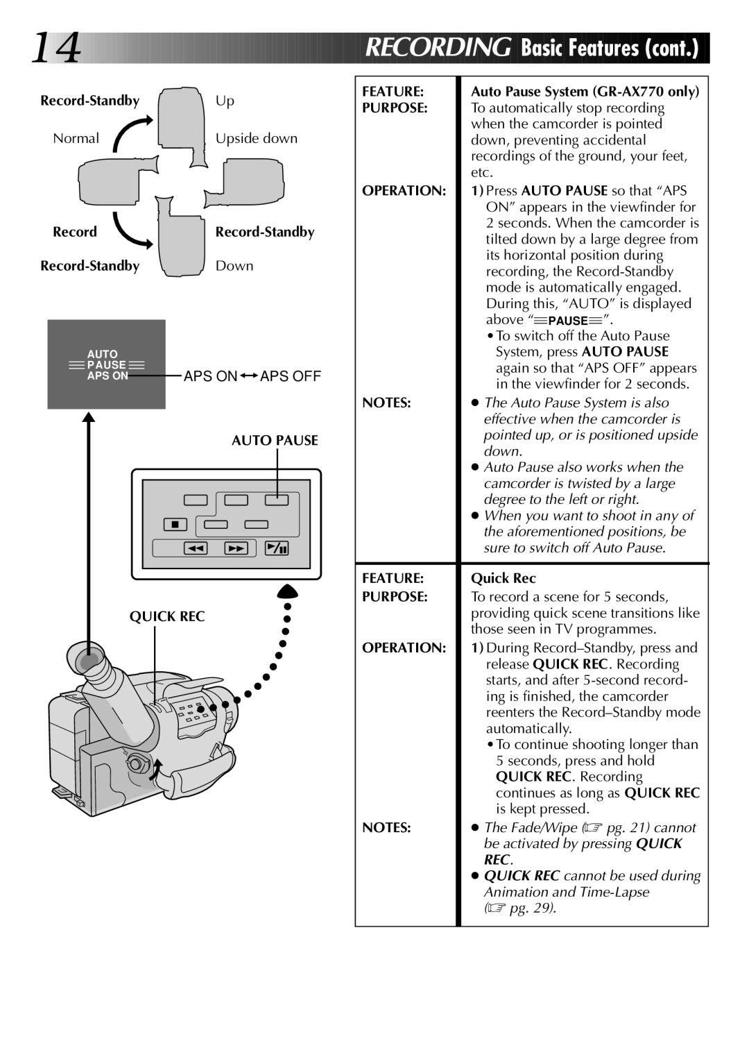 JVC GR-AX670 Record-Standby Up, RecordRecord-Standby Record-Standby Down, Auto Pause Quick REC Feature, Quick Rec 