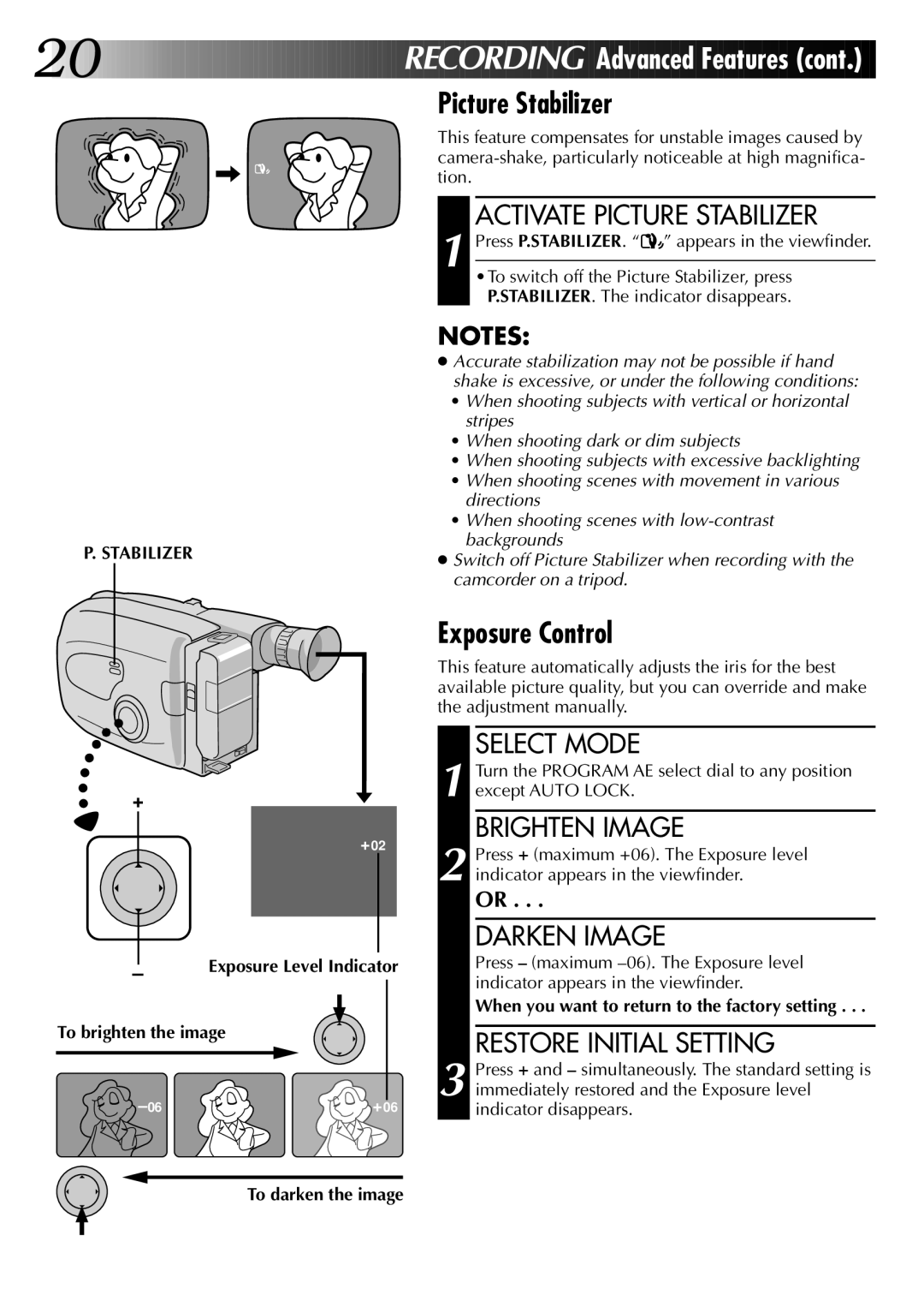 JVC GR-AX670 specifications Picture Stabilizer, Exposure Control 