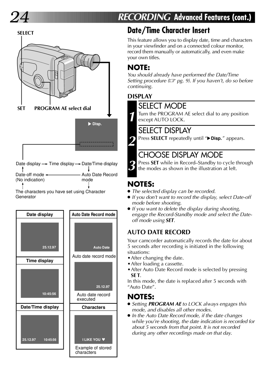 JVC GR-AX670 specifications Date/Time Character Insert, Select Display, Choose Display Mode, SET Program AE select dial 