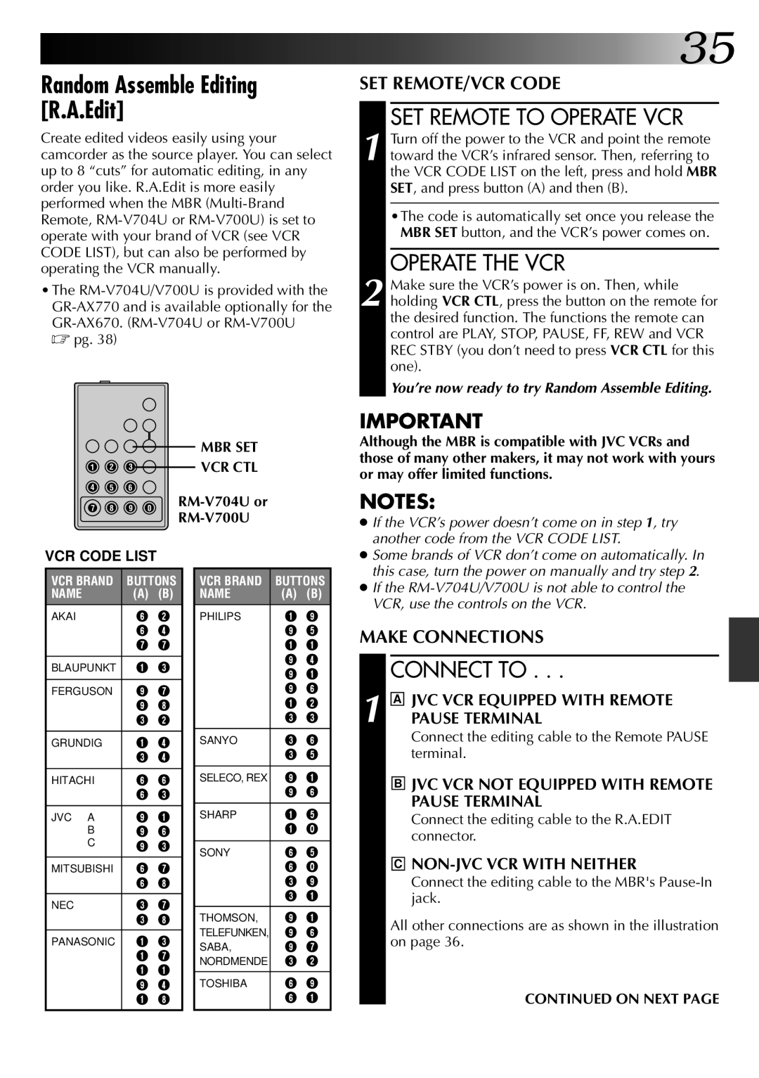 JVC GR-AX670 Random Assemble Editing R.A.Edit, SET Remote to Operate VCR, Operate the VCR, Connect to, On Next 