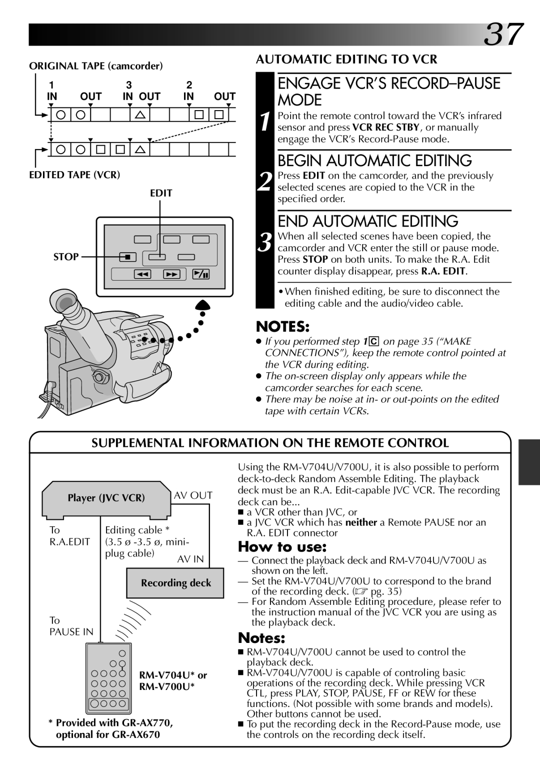 JVC GR-AX670 specifications Begin Automatic Editing, END Automatic Editing, Edited Tape VCR Stop 