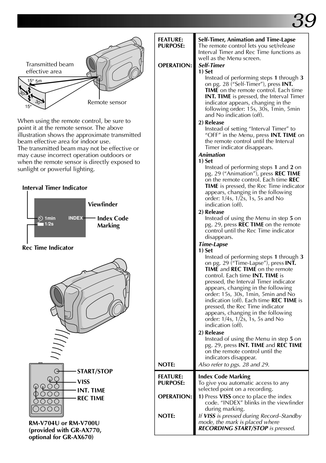 JVC GR-AX670 specifications Remote sensor, Interval Timer Indicator, START/STOP Viss INT. Time REC Time 