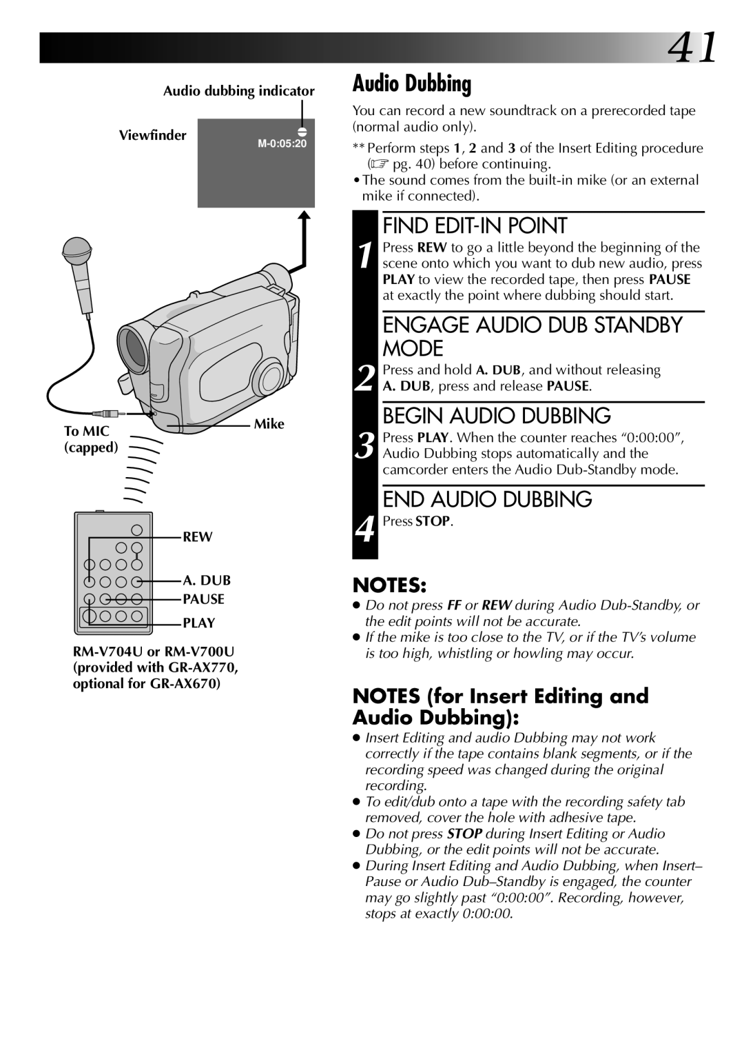 JVC GR-AX670 specifications Audio dubbing indicator, To MIC, Capped, Dub, Pause Play 