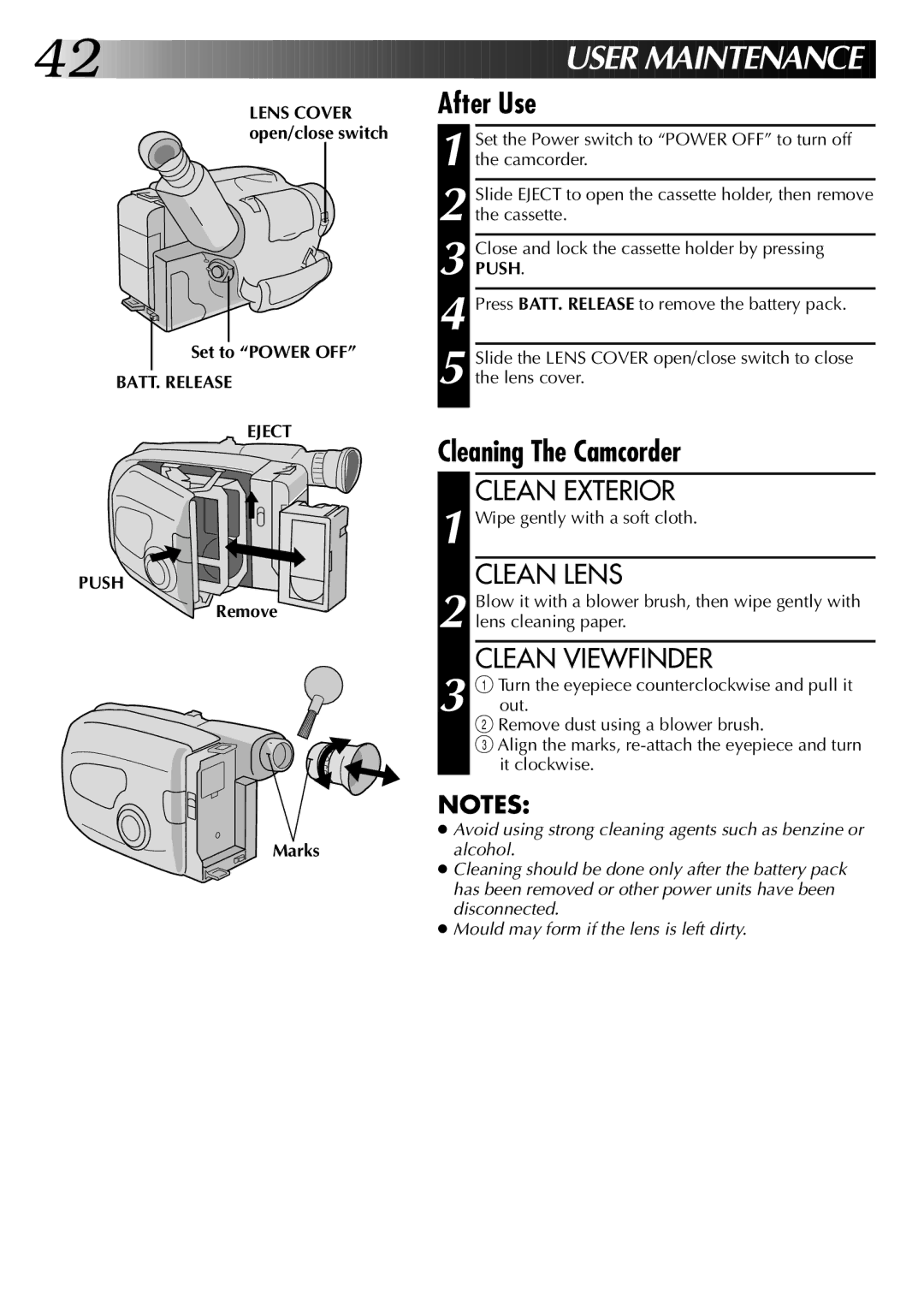 JVC GR-AX670 specifications After Use, Cleaning The Camcorder, Clean Exterior, Clean Lens, Clean Viewfinder 