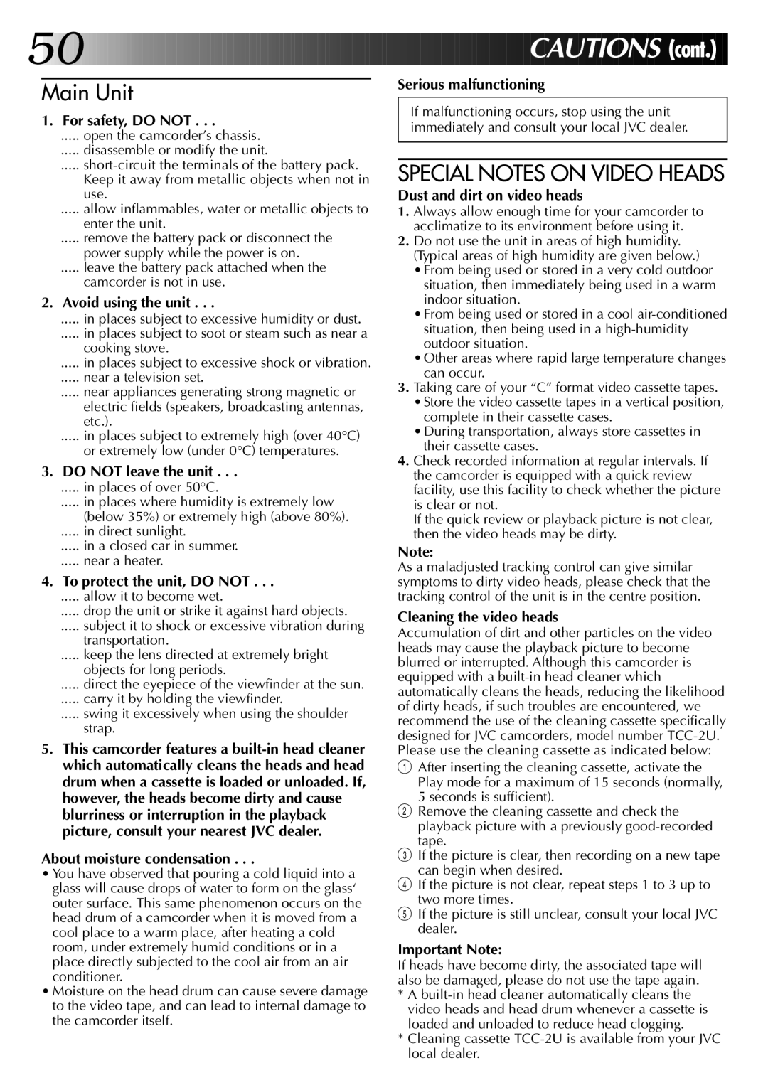 JVC GR-AX670 specifications Special Notes on Video Heads 