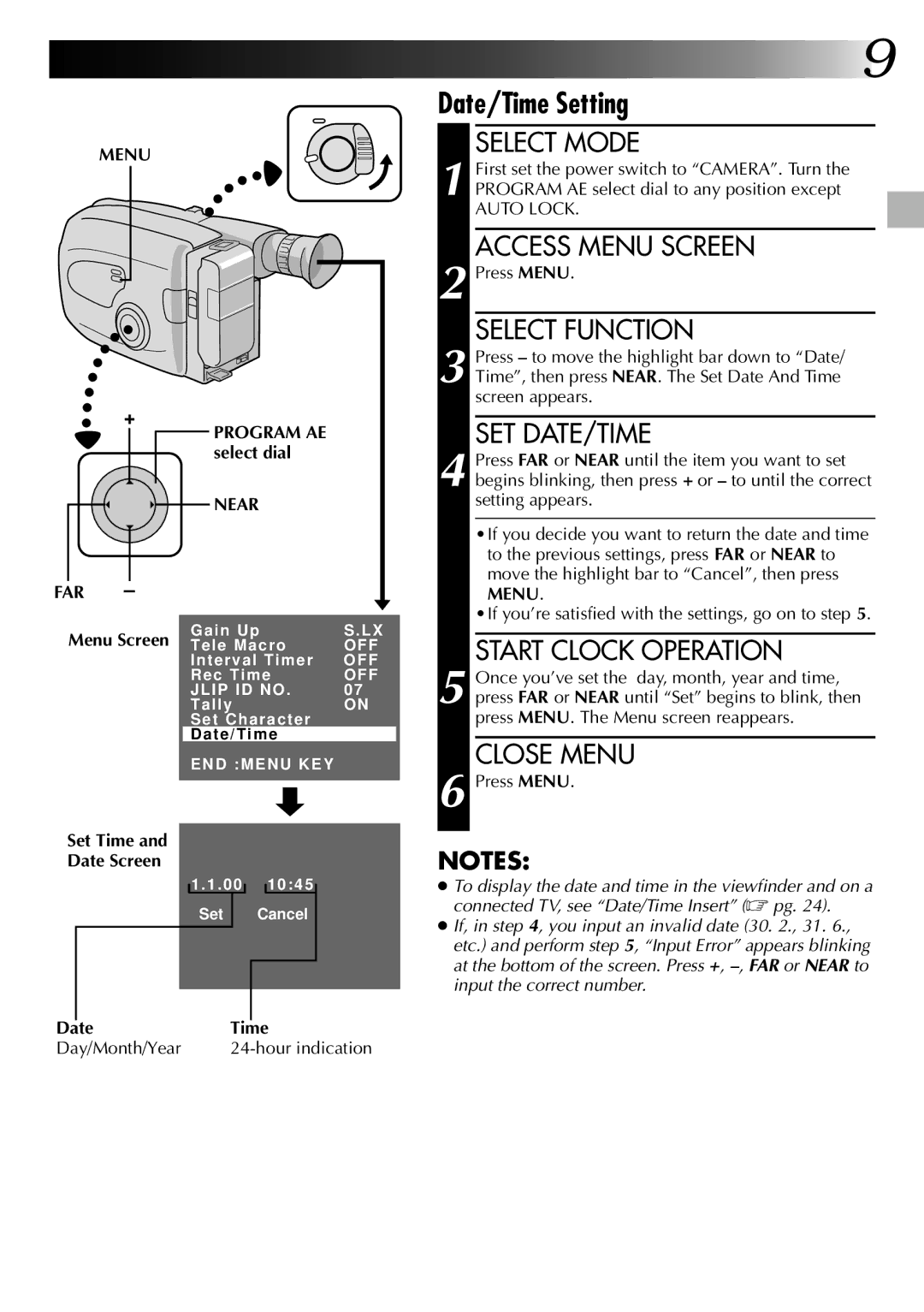 JVC GR-AX670 specifications Start Clock Operation, Close Menu, Near 