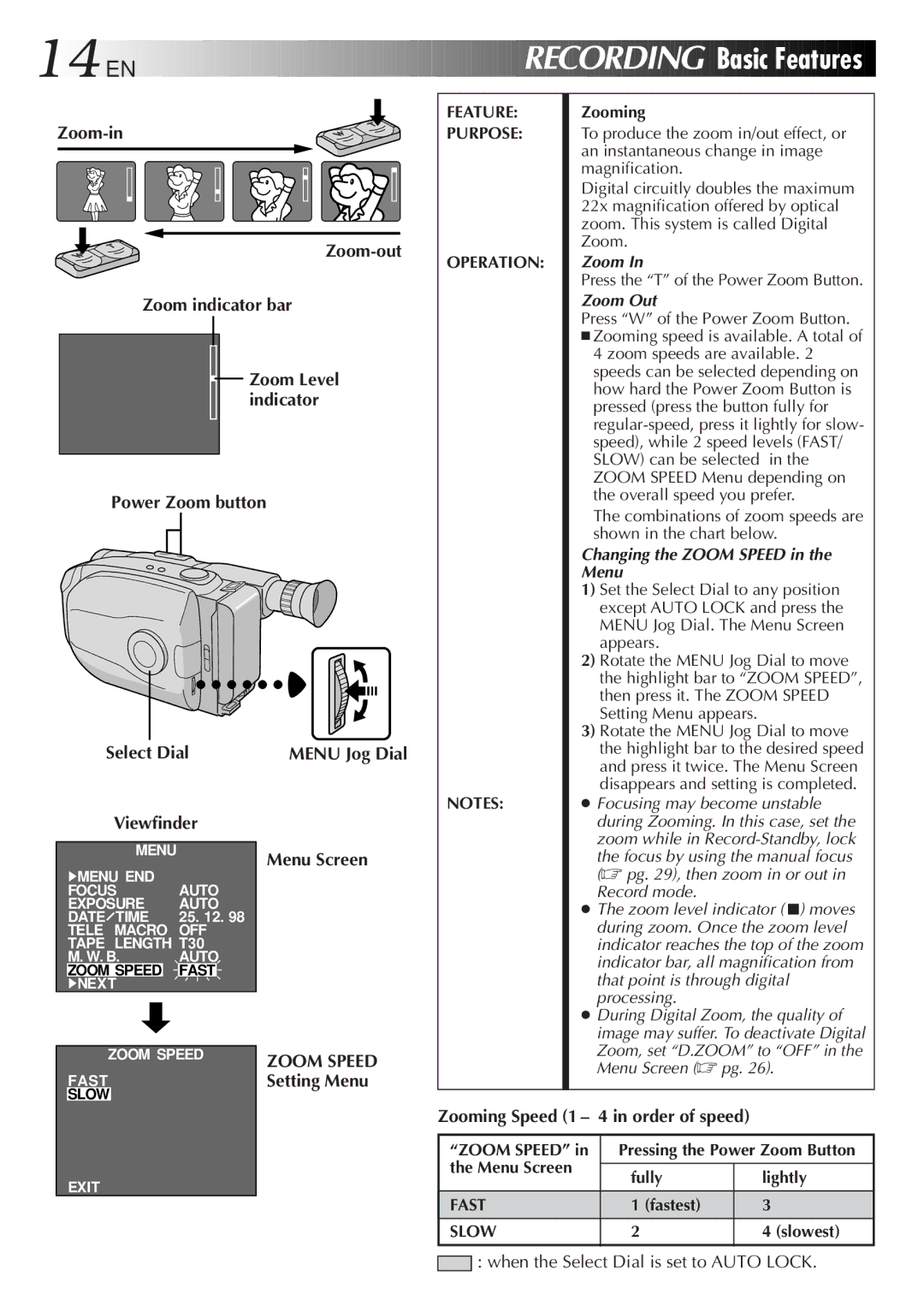 JVC GR-AX680 manual EN Recording Basic Features, Zoom-in Zoom-out Zoom indicator bar, Power Zoom button 