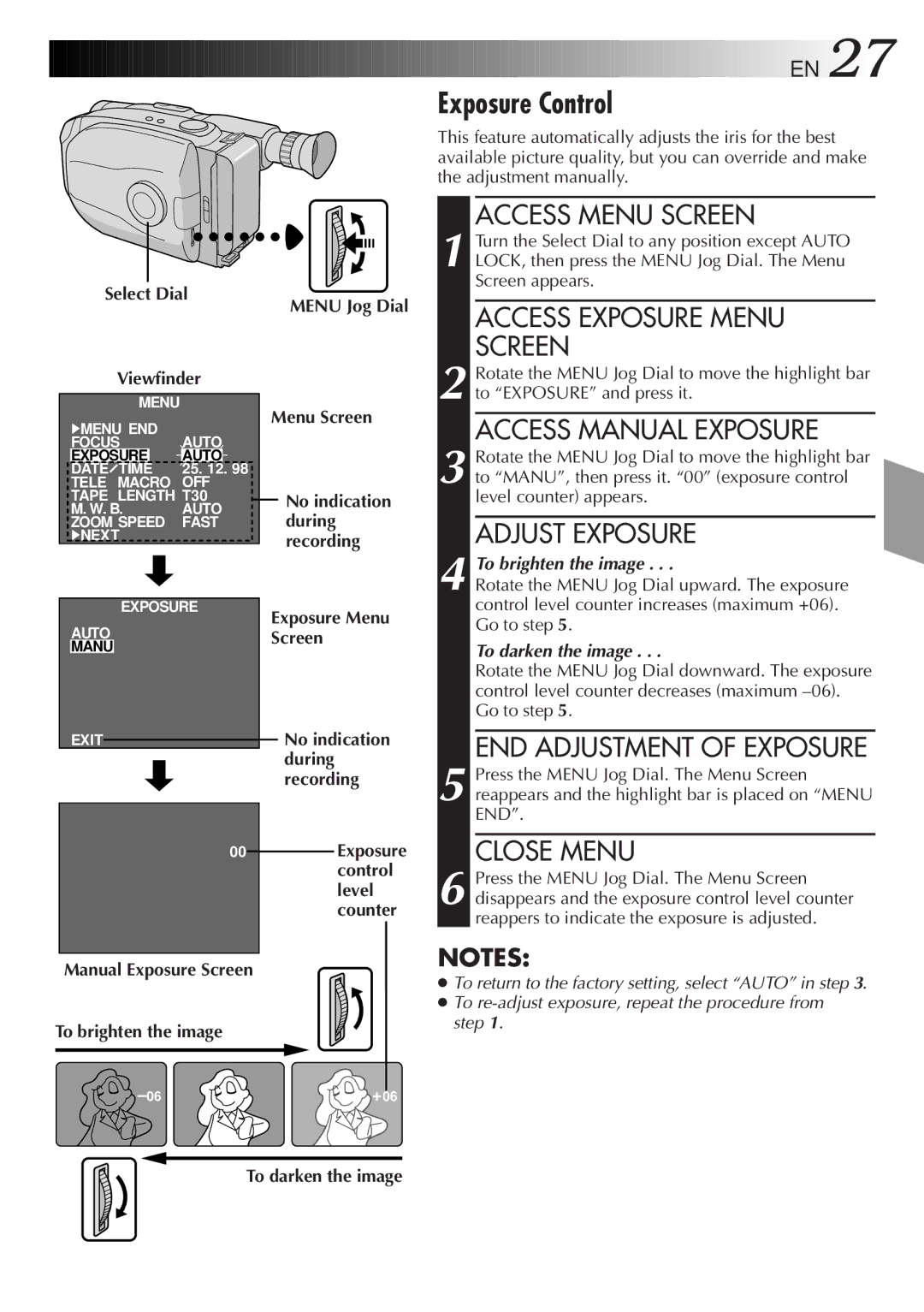 JVC GR-AX680 manual To brighten the image Menu Jog Dial Menu Screen, Exposure Menu Screen, To darken the image 