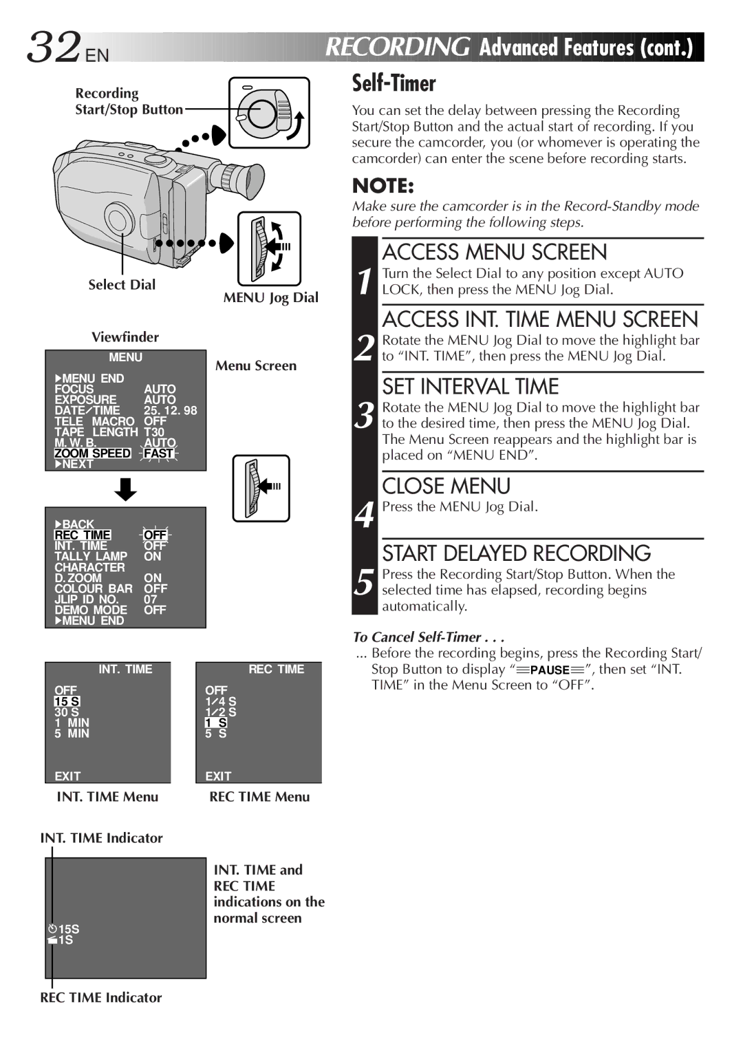 JVC GR-AX680 Recording Start/Stop Button Select Dial Menu Jog Dial, INT. Time Menu INT. Time Indicator, REC Time Indicator 