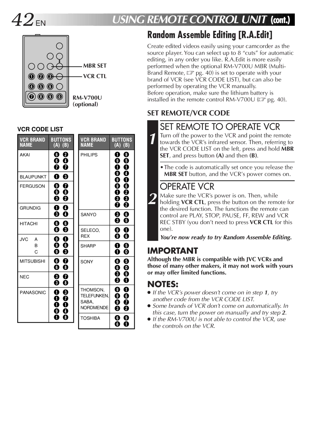 JVC GR-AX680 manual Random Assemble Editing R.A.Edit, SET Remote to Operate VCR, 9 0 RM-V700U optional, VCR Code List 