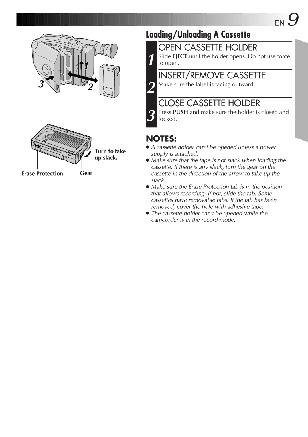 JVC GR-AX680 manual Loading/Unloading a Cassette, Open Cassette Holder, INSERT/REMOVE Cassette, Close Cassette Holder 