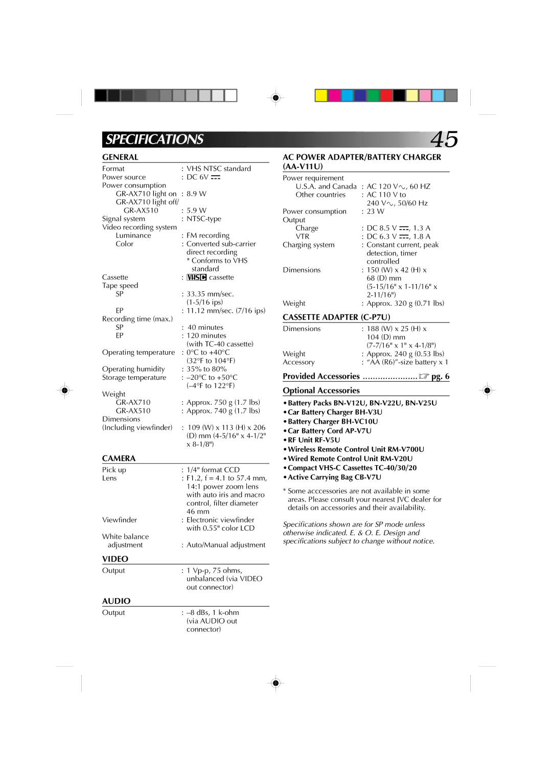 JVC GR-AX510, GR-AX710 manual Specifications 