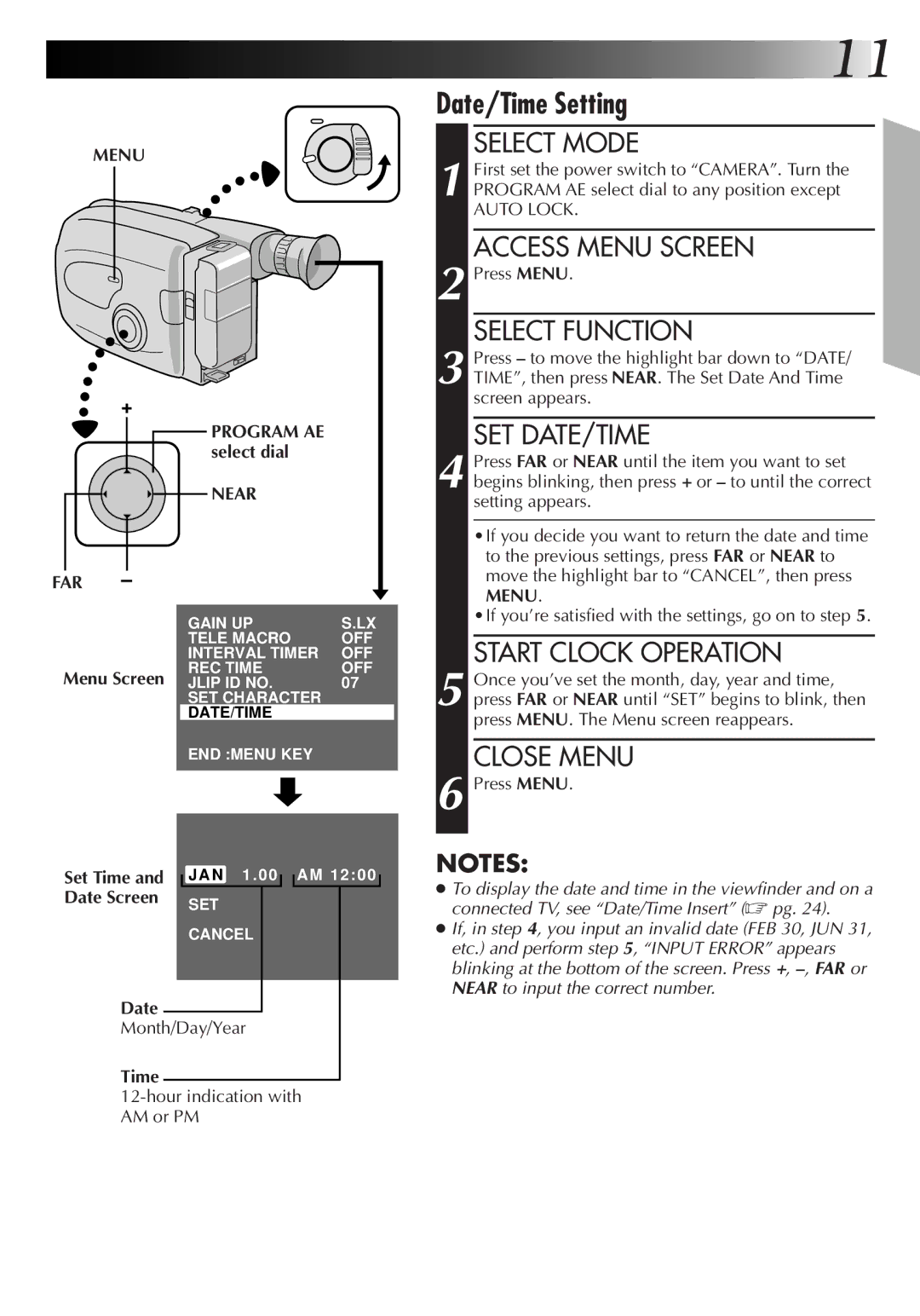 JVC GR-AX220, GR-AX720, GR-AX420 manual Date/Time Setting 