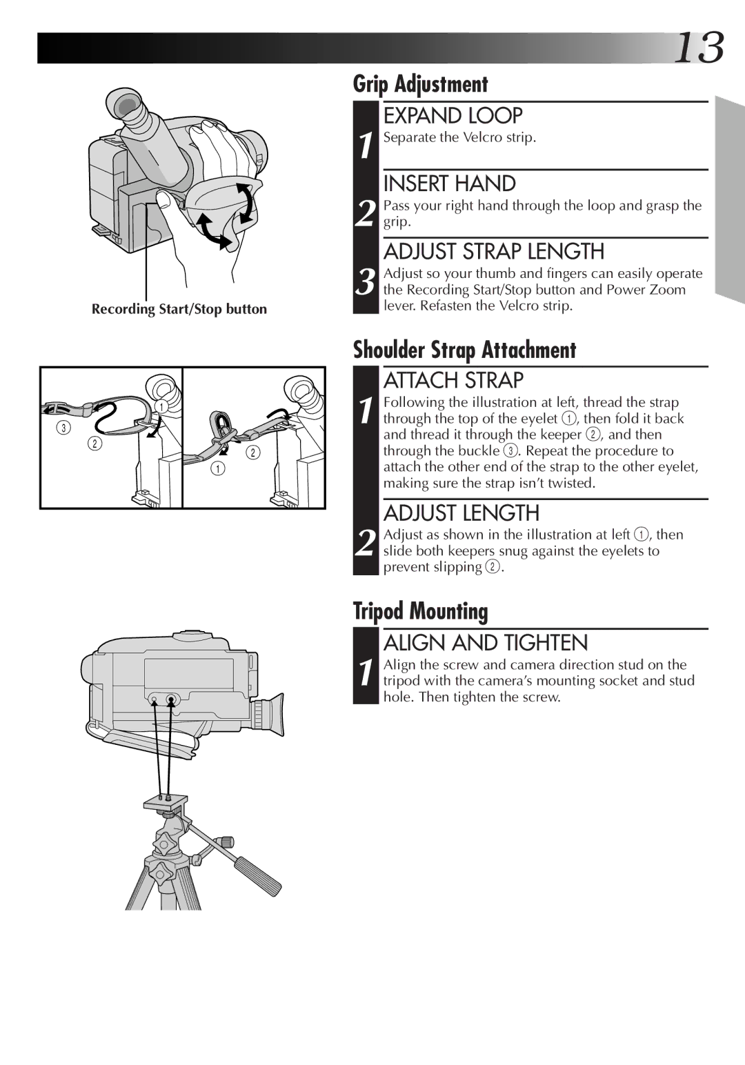 JVC GR-AX420, GR-AX720, GR-AX220 manual Grip Adjustment, Shoulder Strap Attachment, Tripod Mounting 