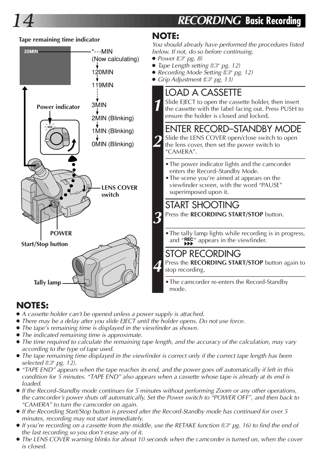 JVC GR-AX220, GR-AX720, GR-AX420 manual Load a Cassette, Enter RECORD-STANDBY Mode, Start Shooting, Stop Recording 