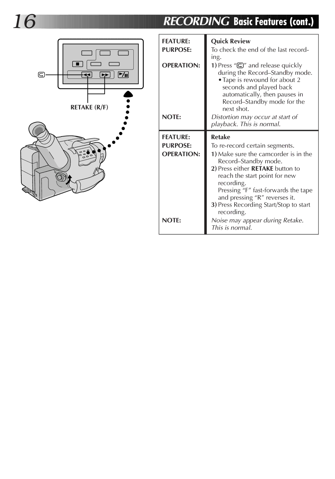 JVC GR-AX420, GR-AX720, GR-AX220 manual Retake R/F Feature, Quick Review 