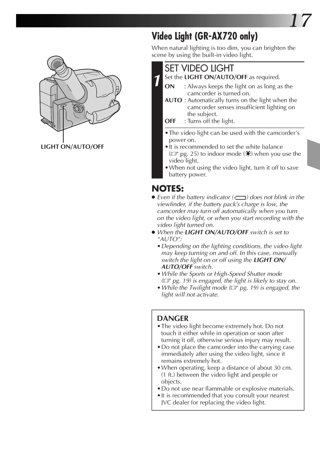 JVC GR-AX220, GR-AX420 manual Video Light GR-AX720 only, SET Video Light 