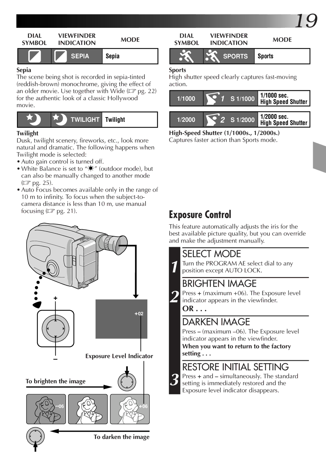 JVC GR-AX420, GR-AX720 manual Exposure Control, Brighten Image, Darken Image, Restore Initial Setting, Dial Viewfinder Mode 