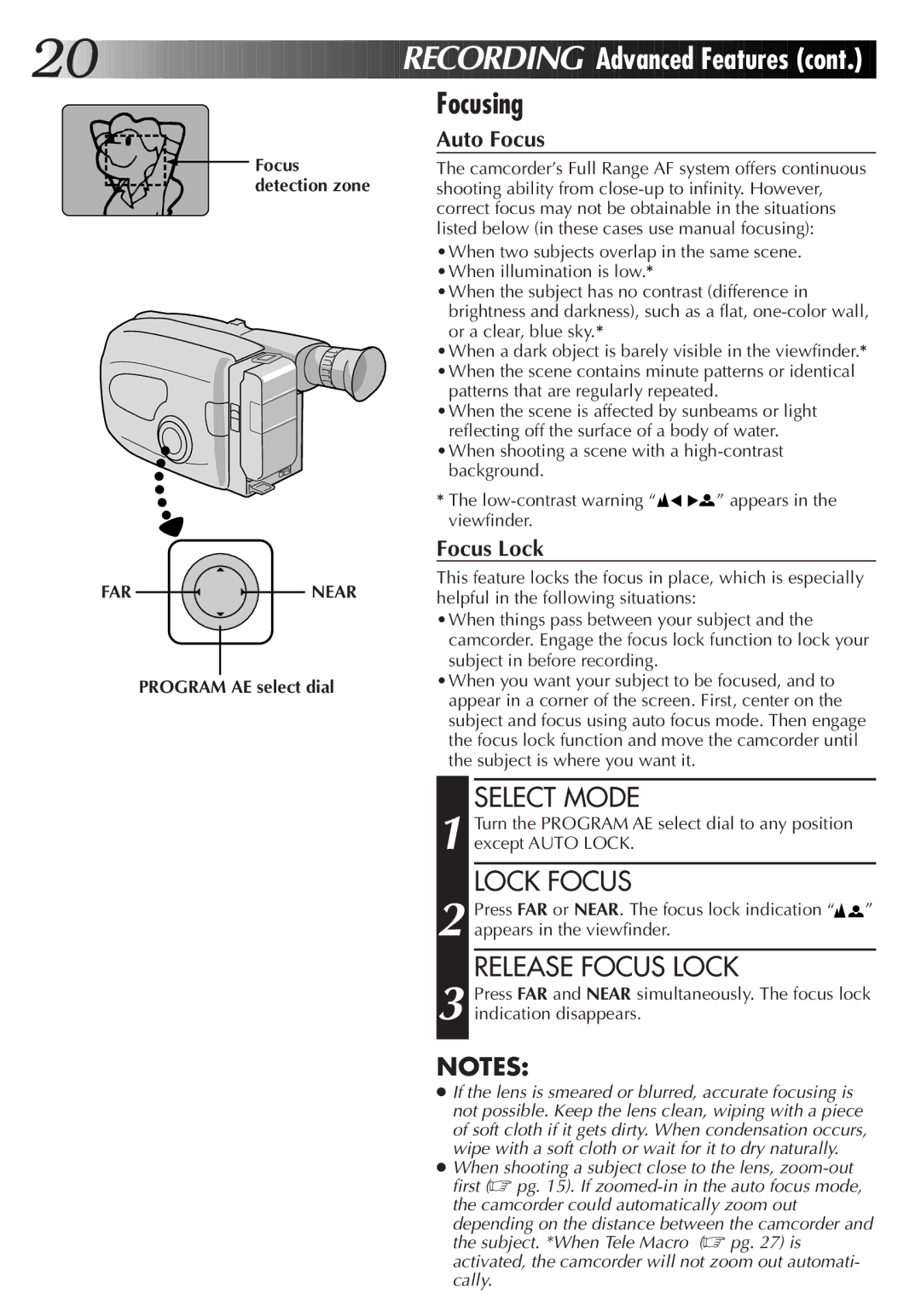 JVC GR-AX220, GR-AX720, GR-AX420 Focusing, Lock Focus, Release Focus Lock, FAR Near, Patterns that are regularly repeated 