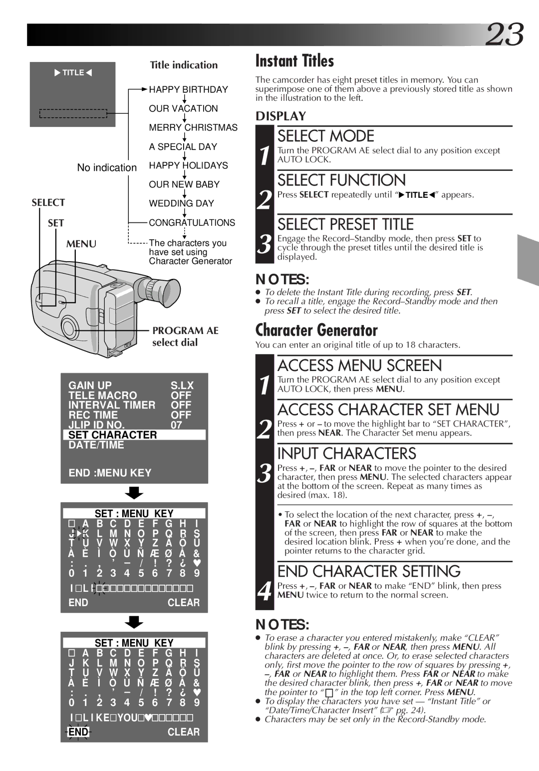 JVC GR-AX220, GR-AX720, GR-AX420 manual Instant Titles, Title indication, Select, Set 