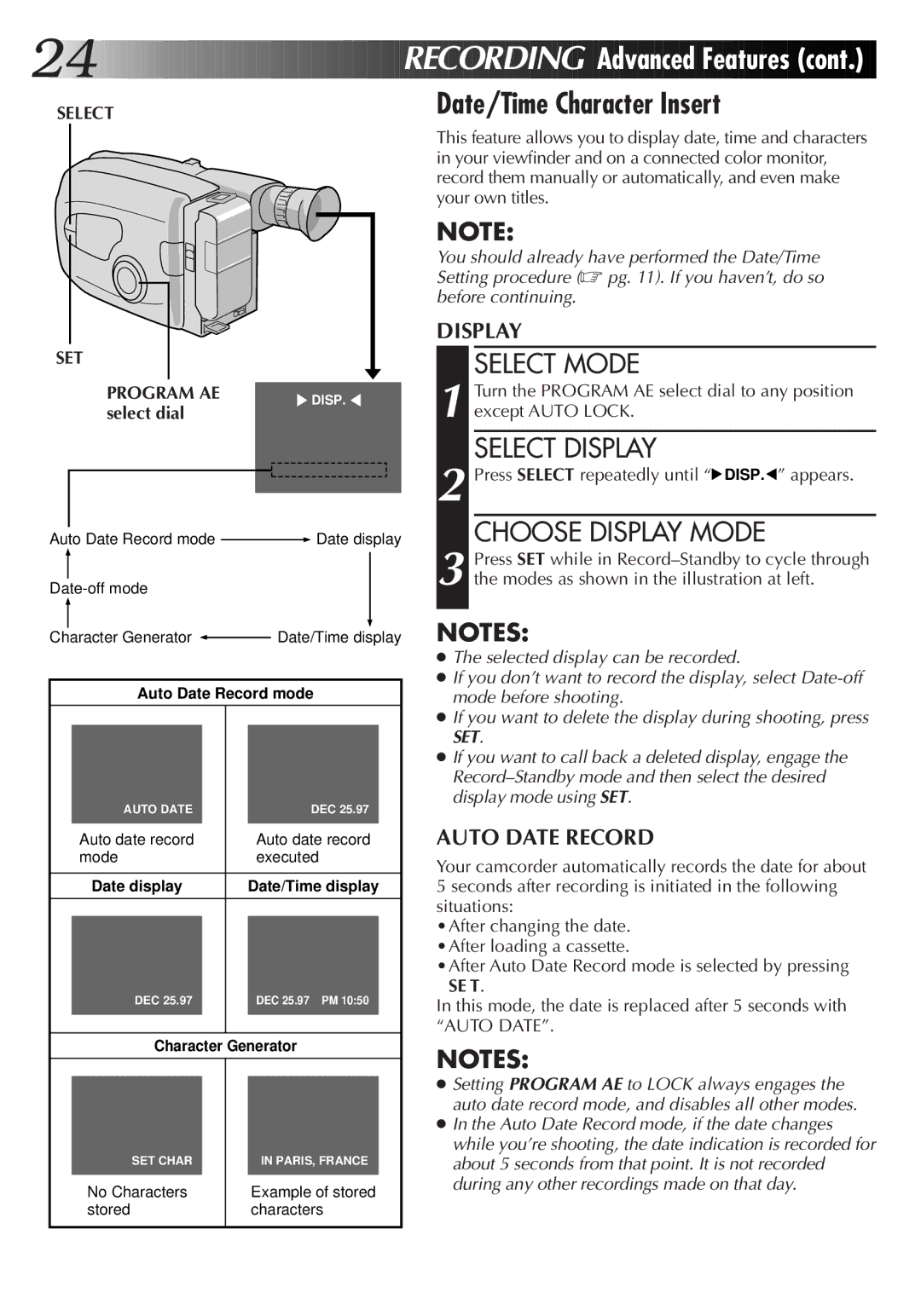 JVC GR-AX720, GR-AX420 manual Date/Time Character Insert, Select Display, Choose Display Mode, SET Program AE, Select dial 