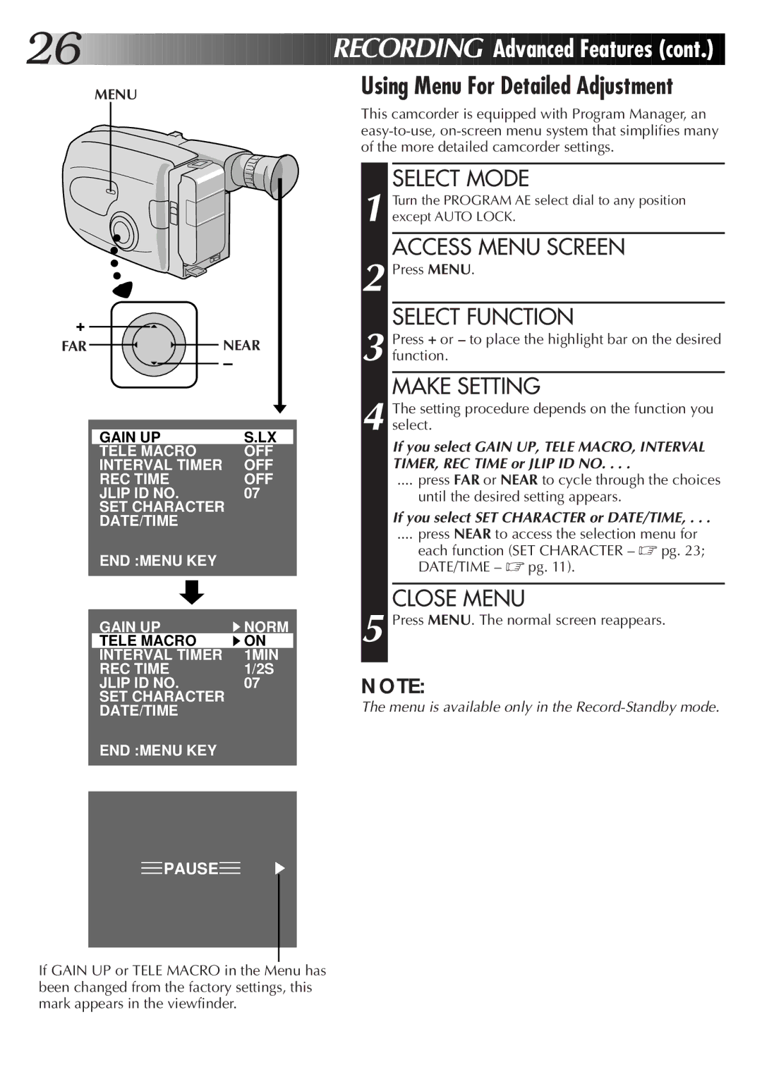 JVC GR-AX220, GR-AX720, GR-AX420 manual Recordi NG Advanced Featur es, Using Menu For Detailed Adjustment 