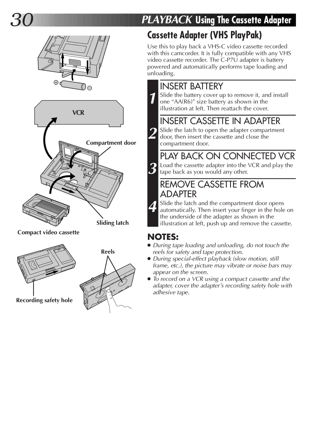 JVC GR-AX720, GR-AX420, GR-AX220 manual Cassette Adapter VHS PlayPak, Insert Cassette in Adapter, Play Back on Connected VCR 