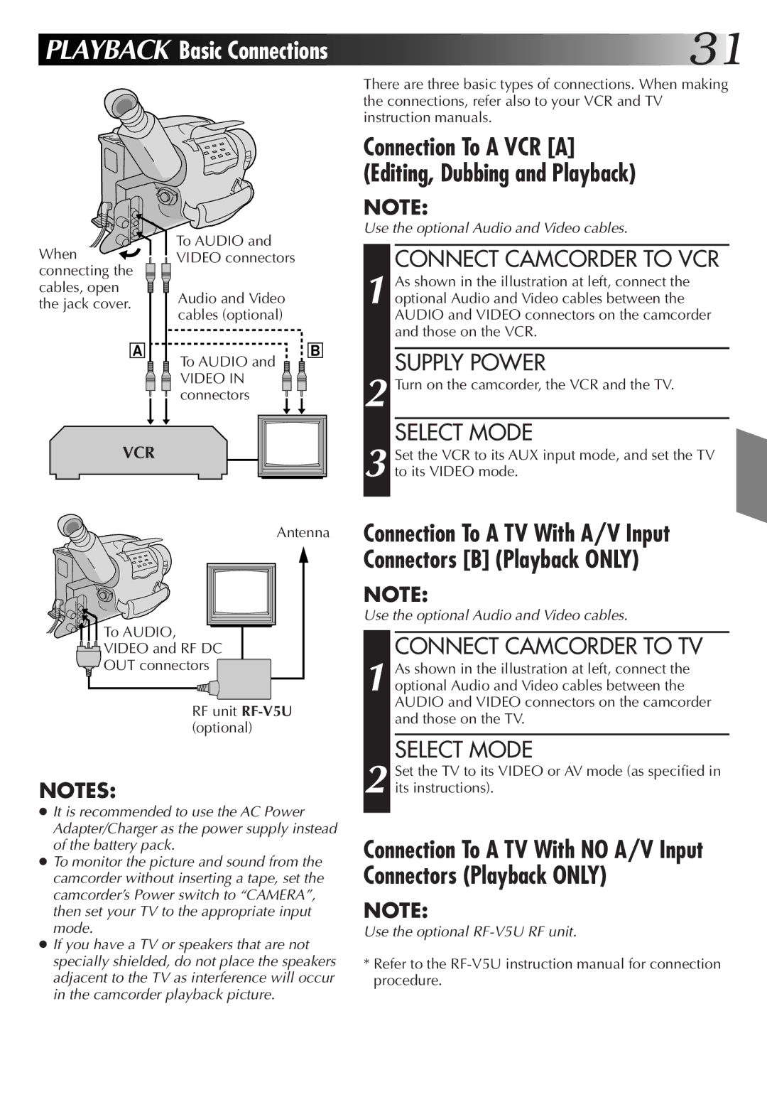 JVC GR-AX420 Connect Camcorder to VCR, Connect Camcorder to TV, When connecting the cables, open the jack cover, To Audio 