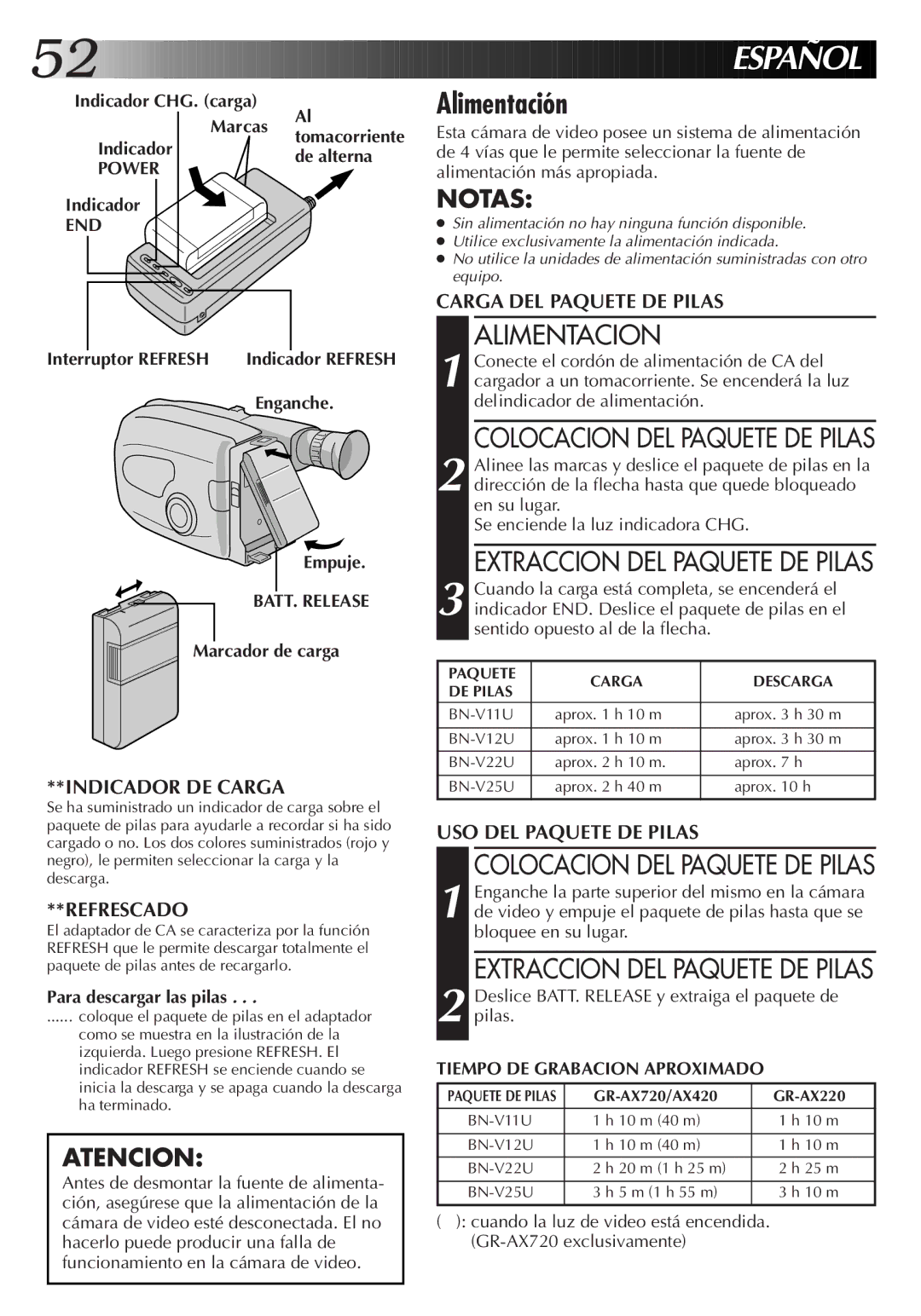 JVC GR-AX420, GR-AX720, GR-AX220 manual Alimentación, Alimentacion, End, Tiempo DE Grabacion Aproximado 