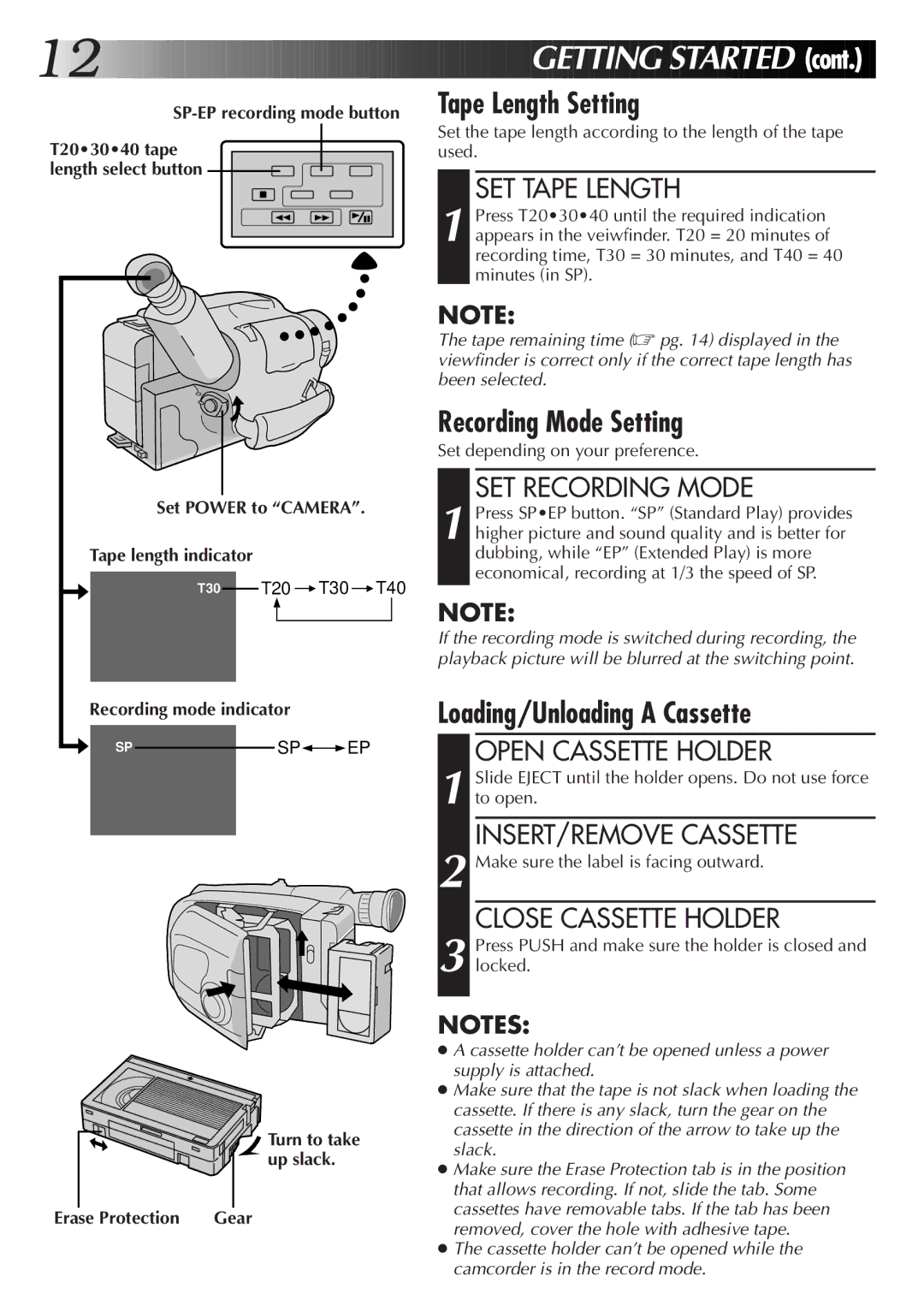 JVC GR-AX76, GR-AX26, GR-AX46 manual Tape Length Setting, Recording Mode Setting, Loading/Unloading a Cassette 