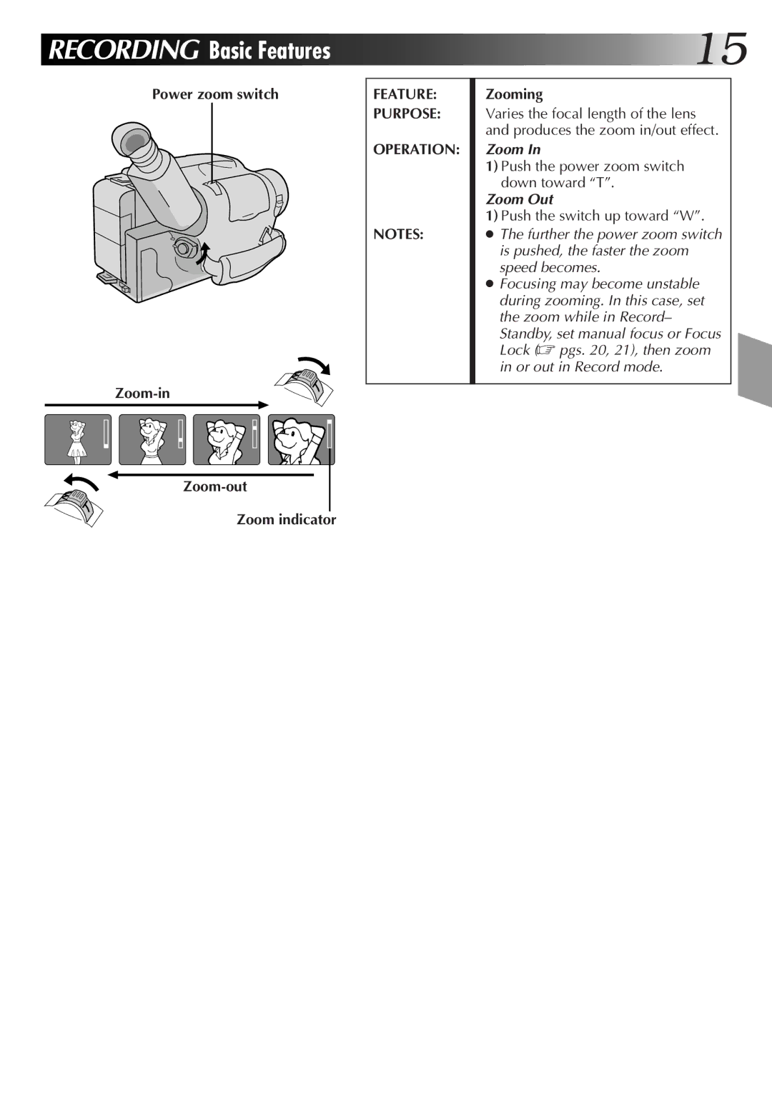 JVC GR-AX76, GR-AX26, GR-AX46 manual Power zoom switch Zoom-in Zoom-out Zoom indicator, Feature Purpose Operation, Zooming 