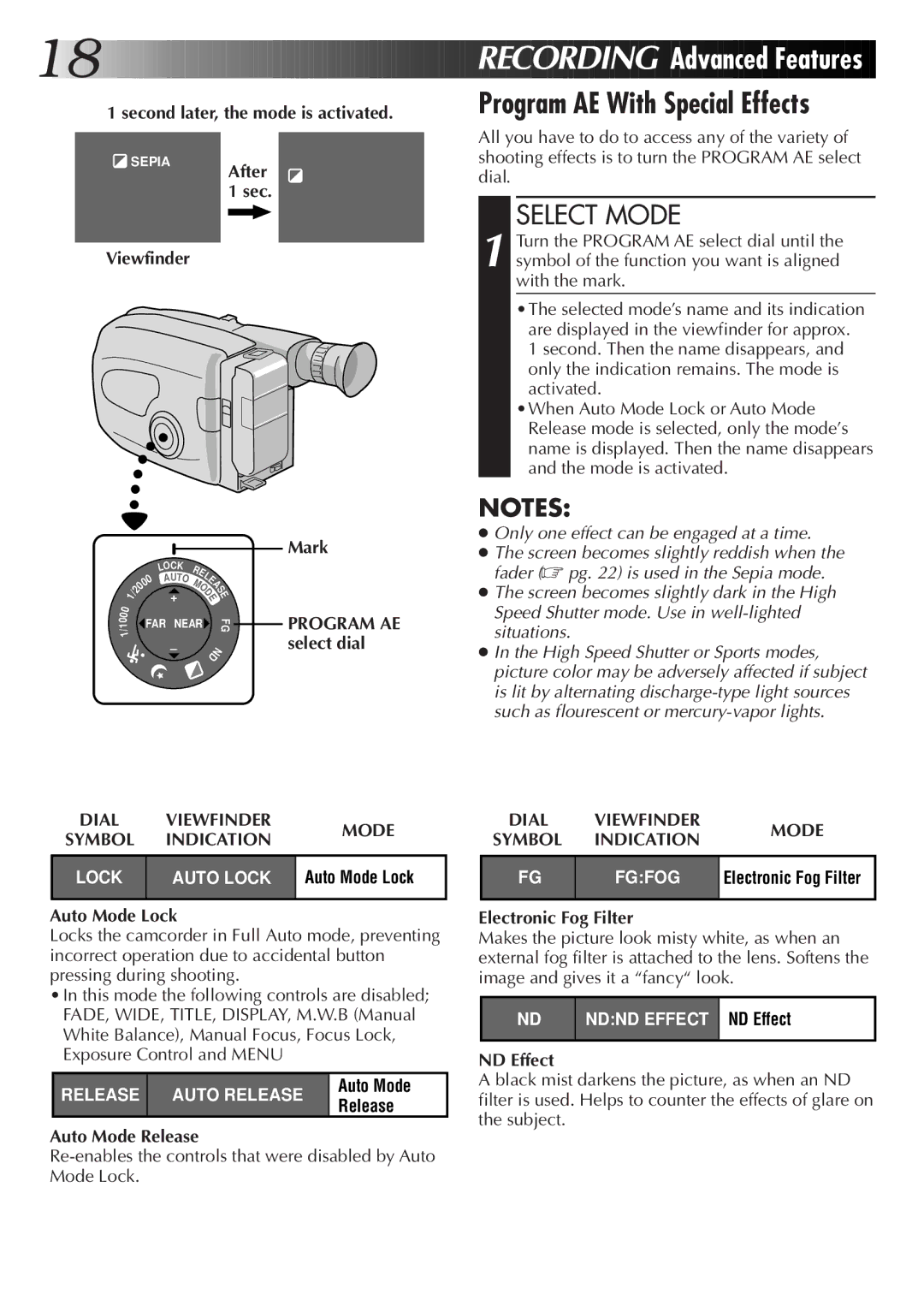 JVC GR-AX76, GR-AX26, GR-AX46 manual Program AE With Special Effects, Indication, Dial Viewfinder Mode 